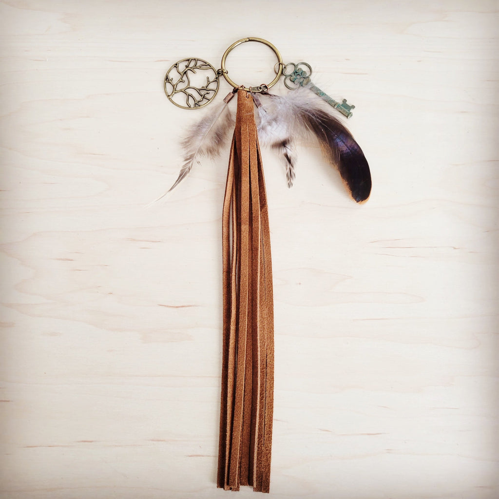 **Boho Western Boot Bling Charm with Leather Fringe Cognac 500e