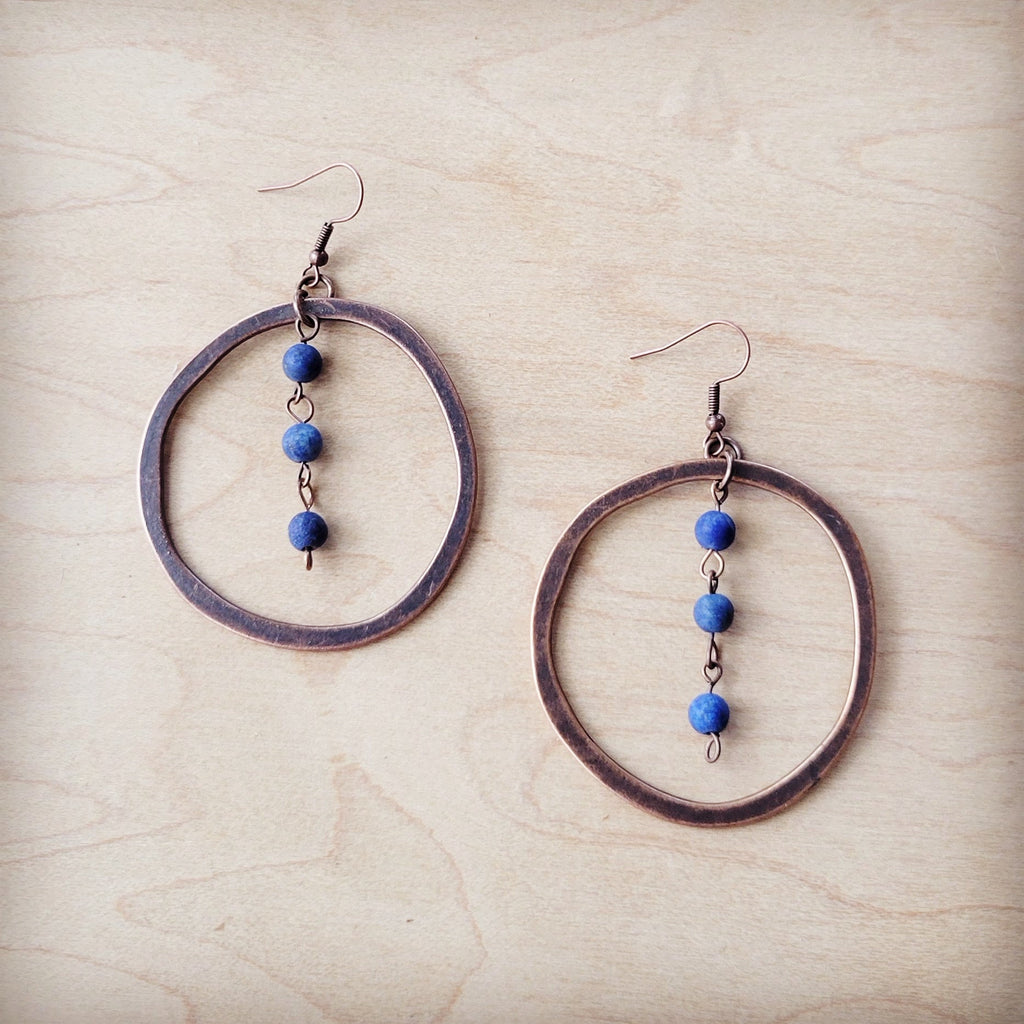 Western Copper Hoop Earrings w/ Blue Lapis Beads 225w