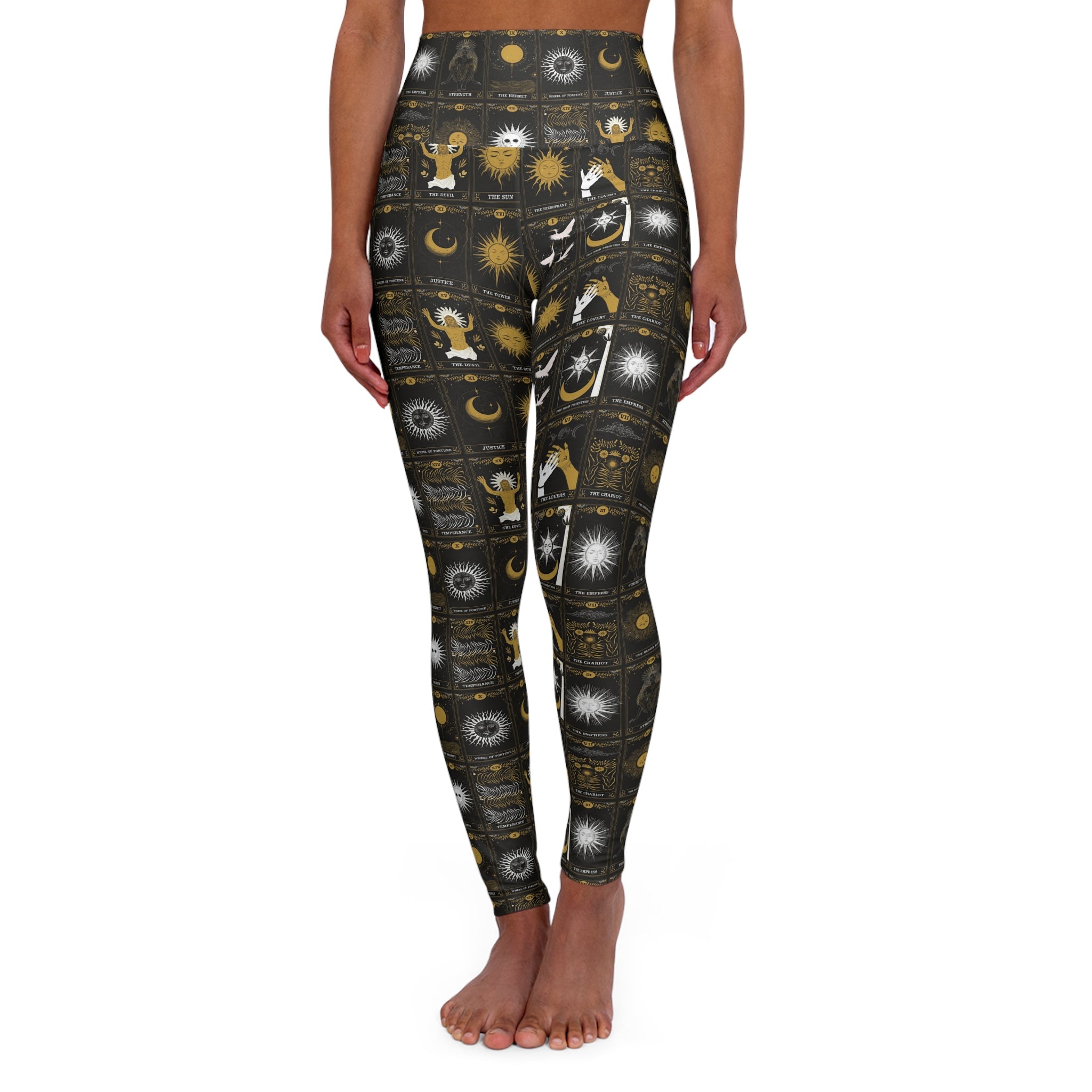 Celestial Tarot Card Major Arcana Yoga Leggings High-Waisted Moon & Sun AOP