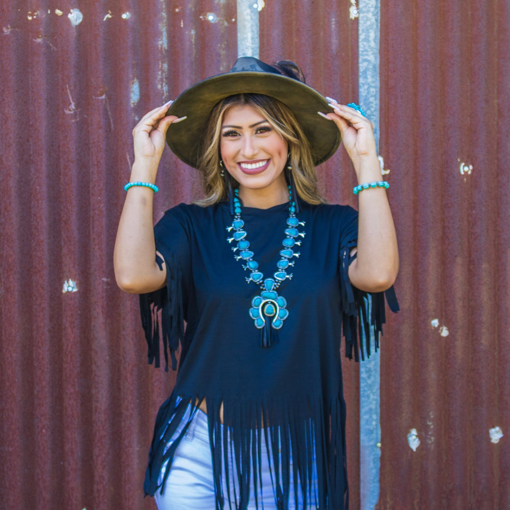 Turquoise Squash Blossom Necklace w/ Short Black Tassel 261y