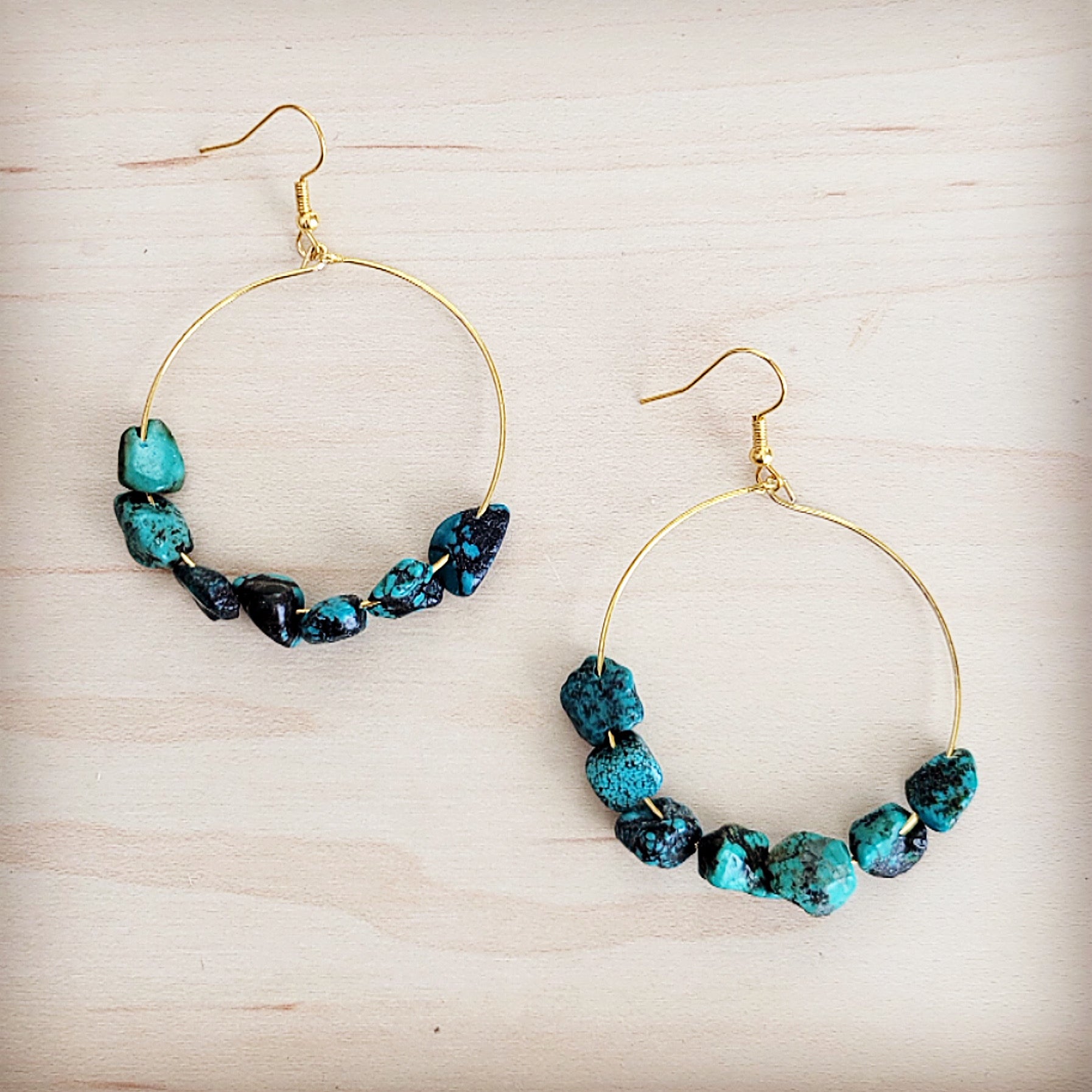 Beaded Hoop Earrings- Genuine Natural Turquoise Stones 200bi