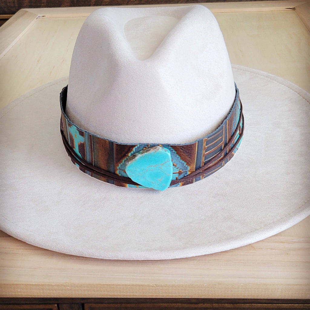 Wide Genuine Leather Blue Navajo Hat Band w/ Turq 953j