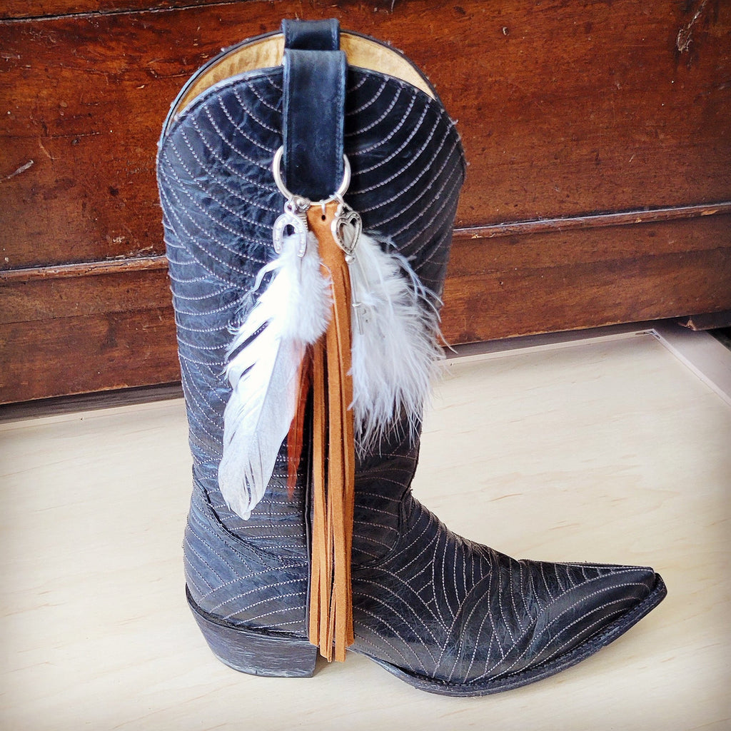 Boho Western Leather Boot Bling Cognac Suede Silver Feather 500t