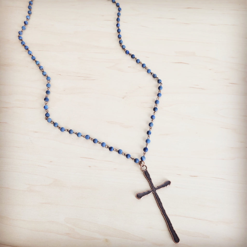 Genuine Blue Lapis Long Beaded Necklace with Antique Copper Cross 263a