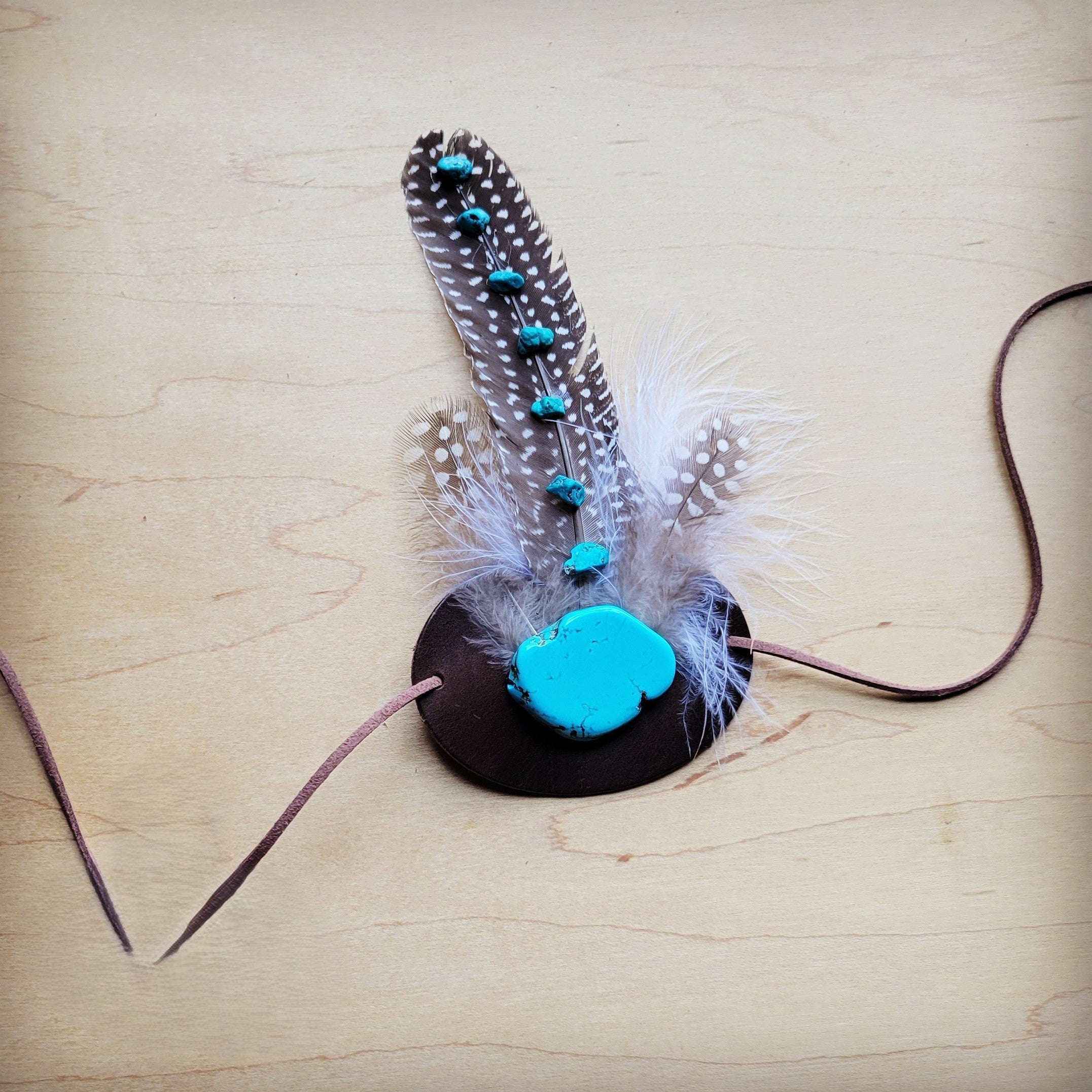 Turquoise Accent Guinea Feather & Leather Hat Band Only 952e