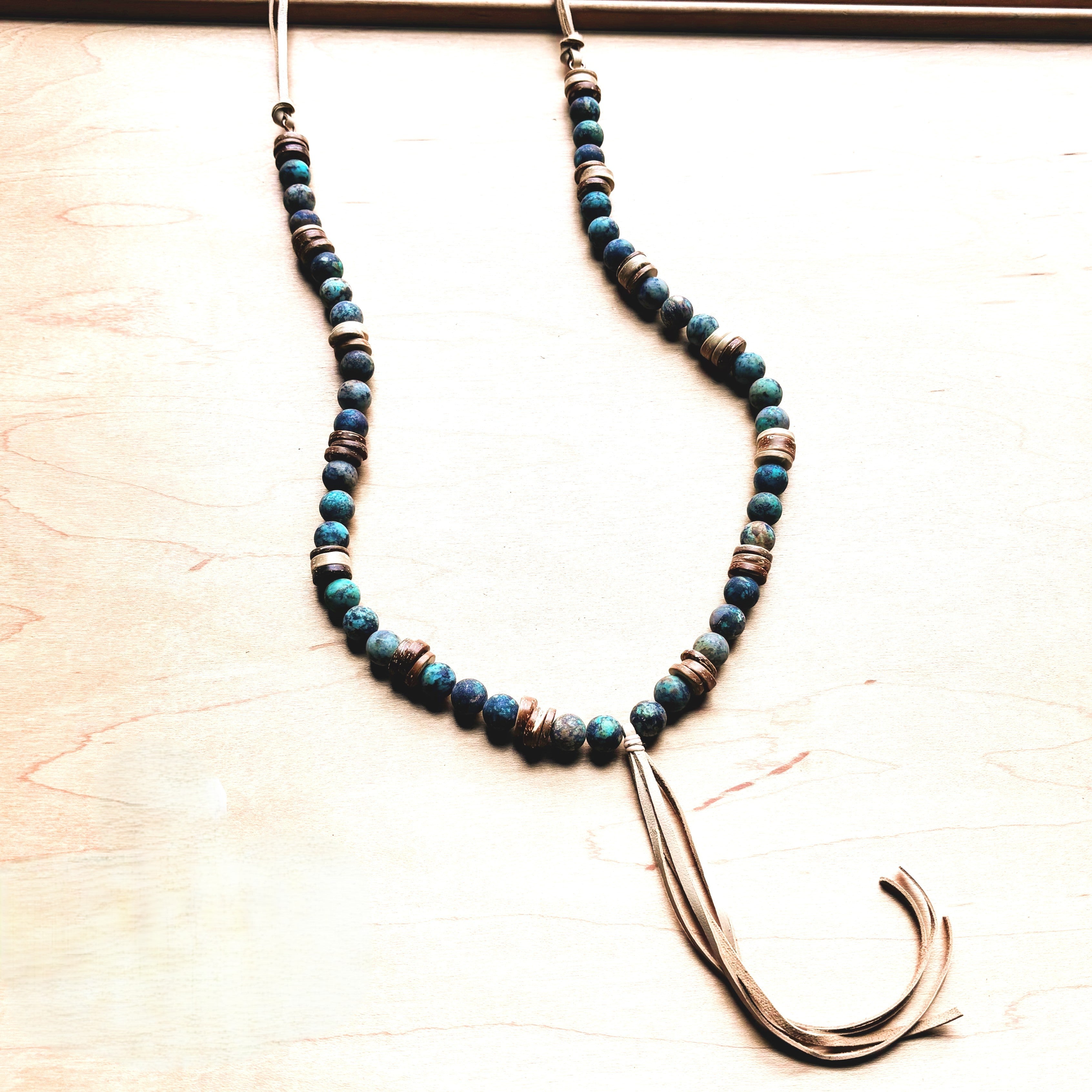 **Frosted African Turquoise Necklace Wood Beads Leather Tassel 257z