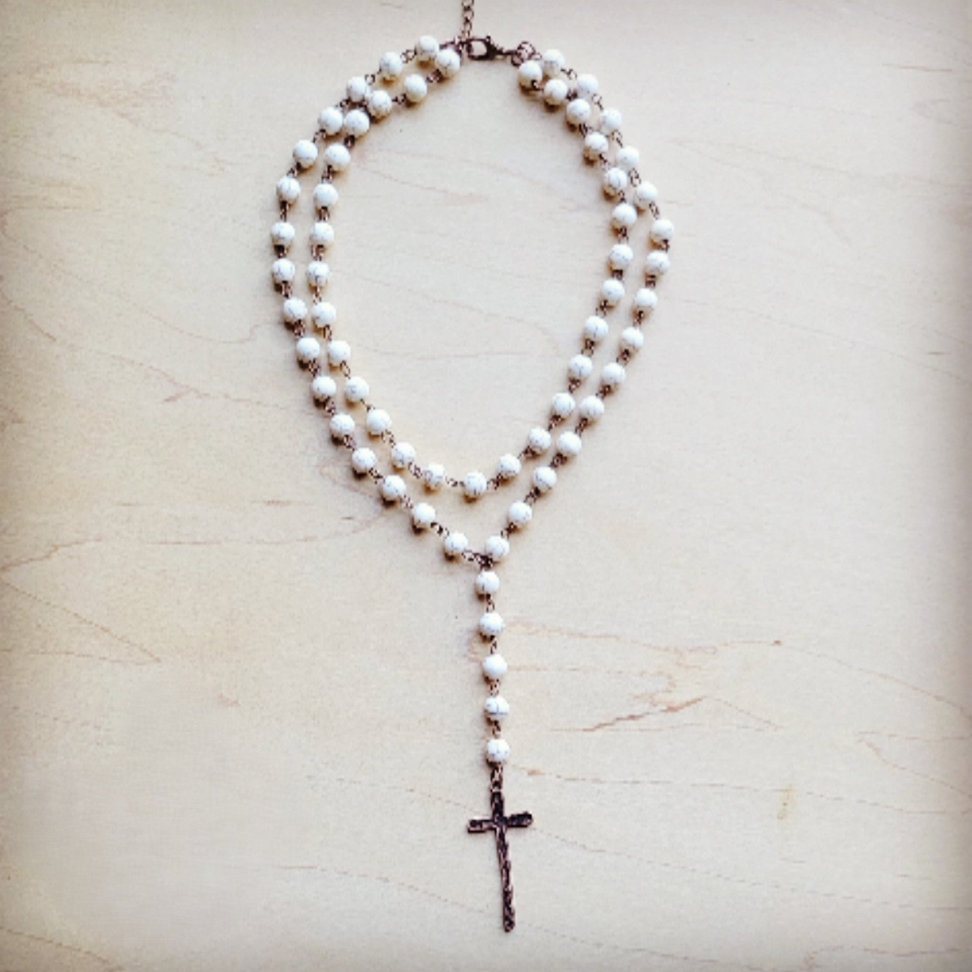 Double Strand Lariat White Turquoise Necklace w/ Cross Pendant 259r