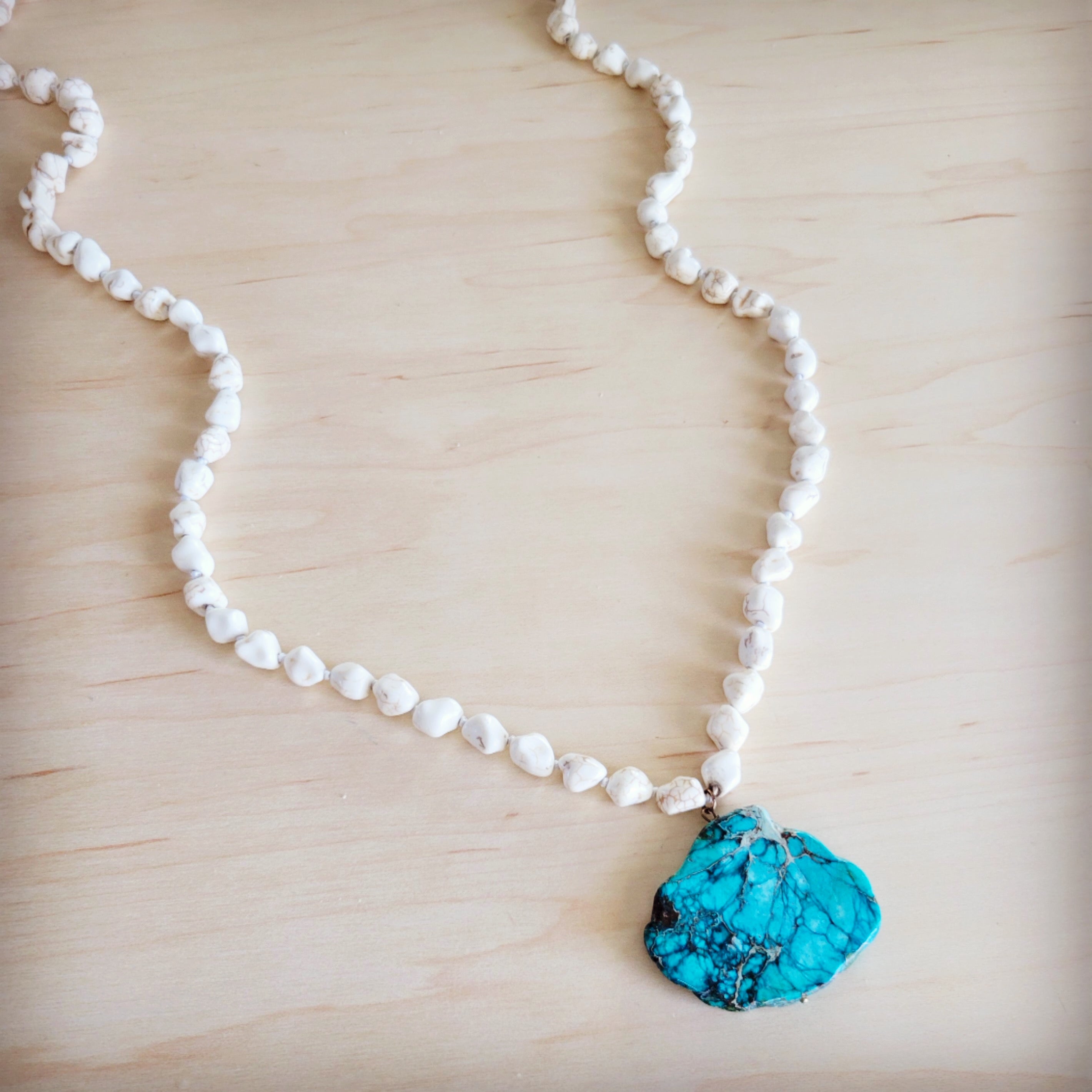 Long White Turquoise Beaded Necklace w/ Genuine Regalite Pendant 263c