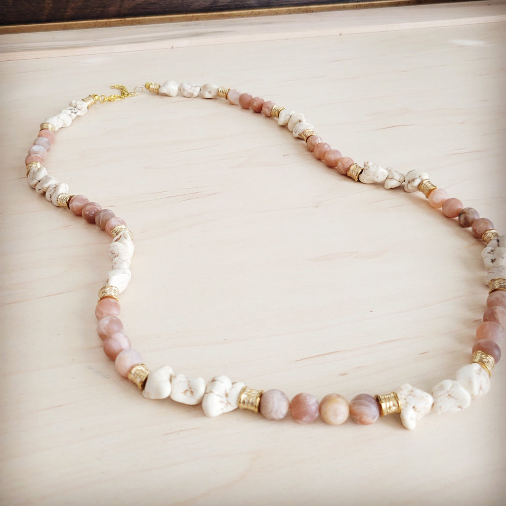Frosted Sunstone & White Turquoise Long Layering Necklace 262o