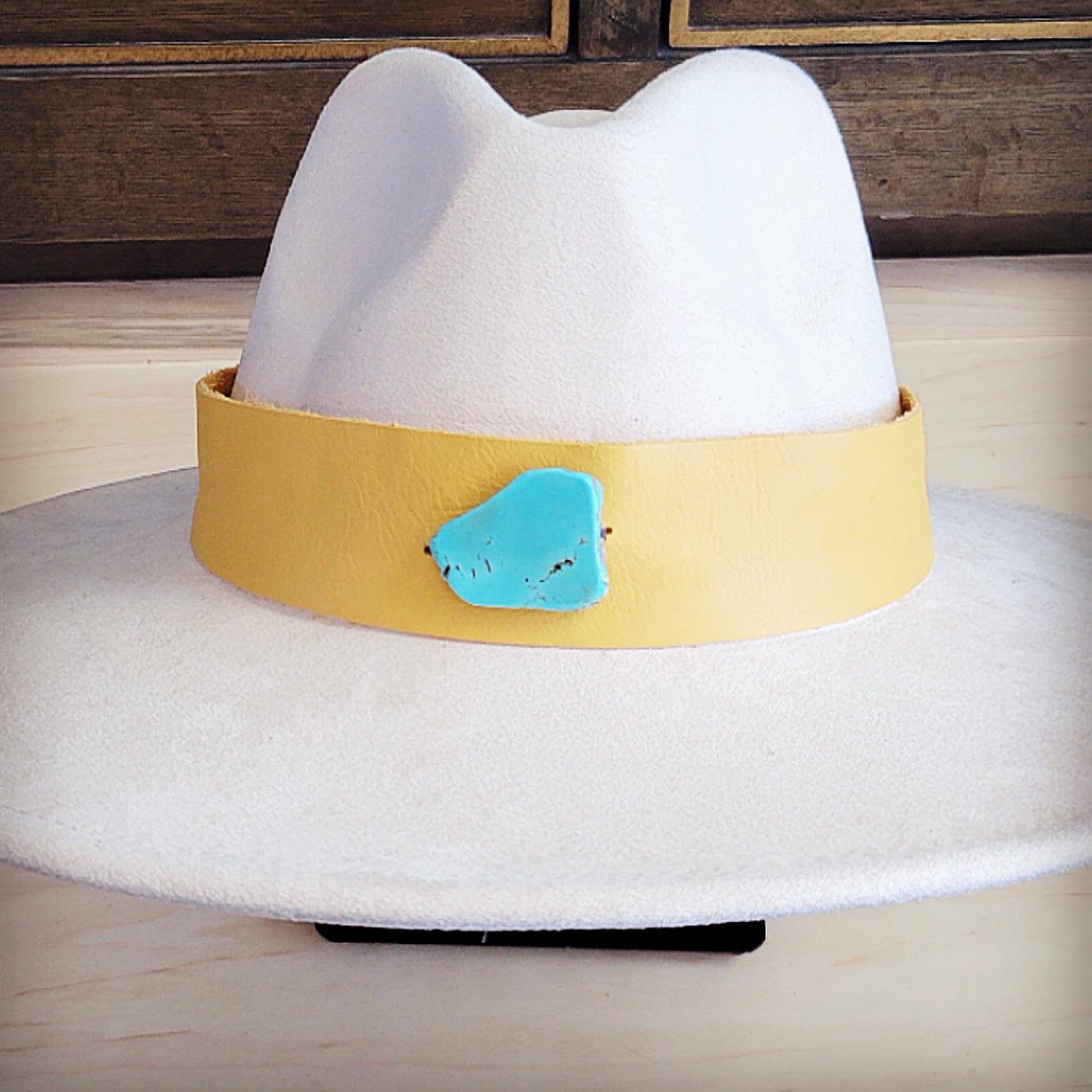 Wide Genuine Leather Mustard Hat Band w/ Turq 953m