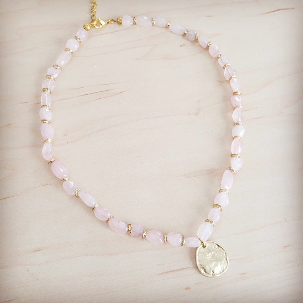 **Rose Quartz Collar Necklace w/ Gold Coin Charm 263h