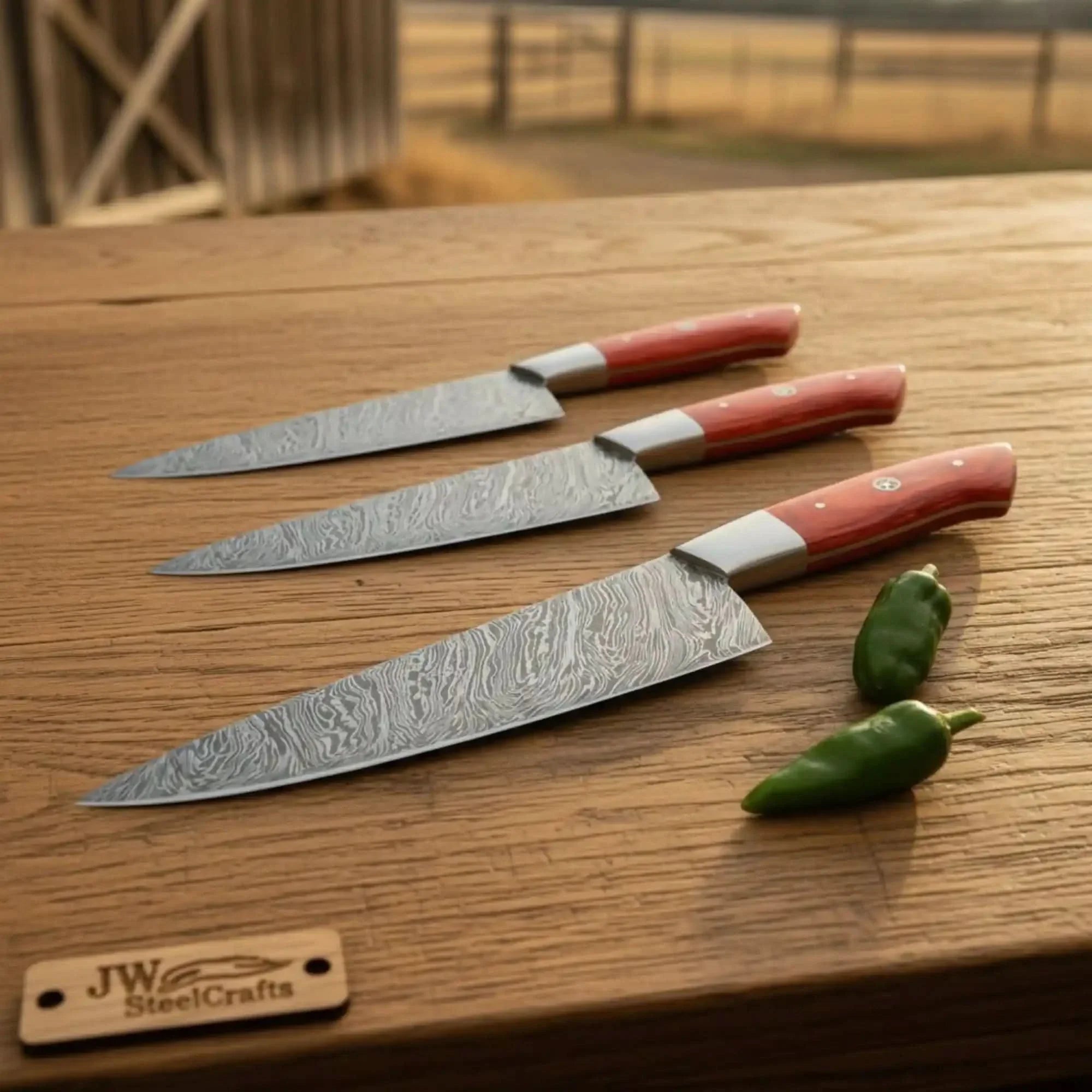 3 Piece Handmade Damascus Kitchen Knife Set, Chef Knife, Utility Knife and Paring Knife, Red Pakka Wood Handle Professional Cutlery JW SteelCrafts