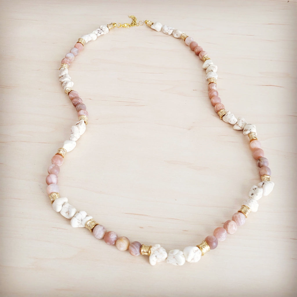 Frosted Sunstone & White Turquoise Long Layering Necklace 262o