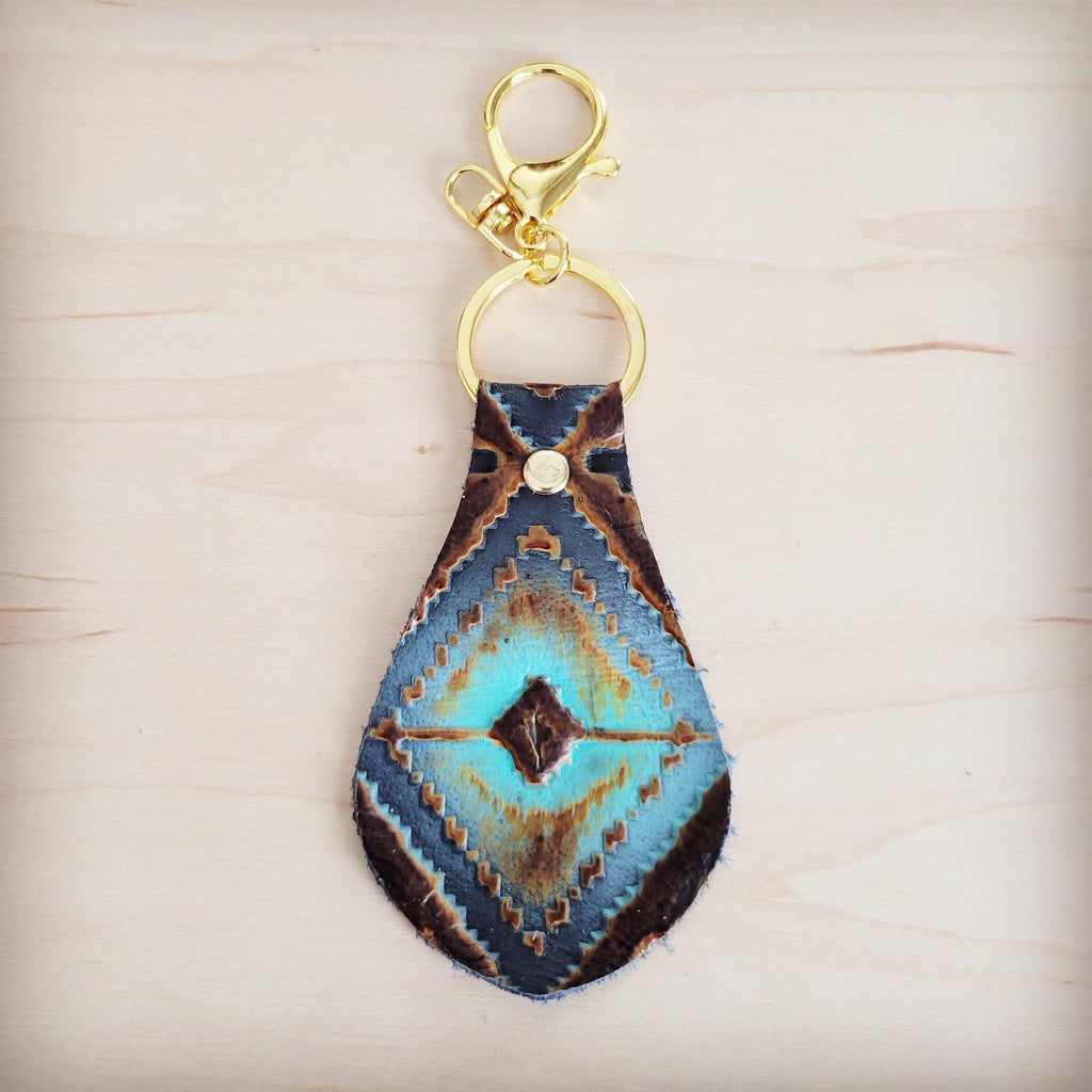 Embossed Leather Key Chain - Blue Navajo 700a