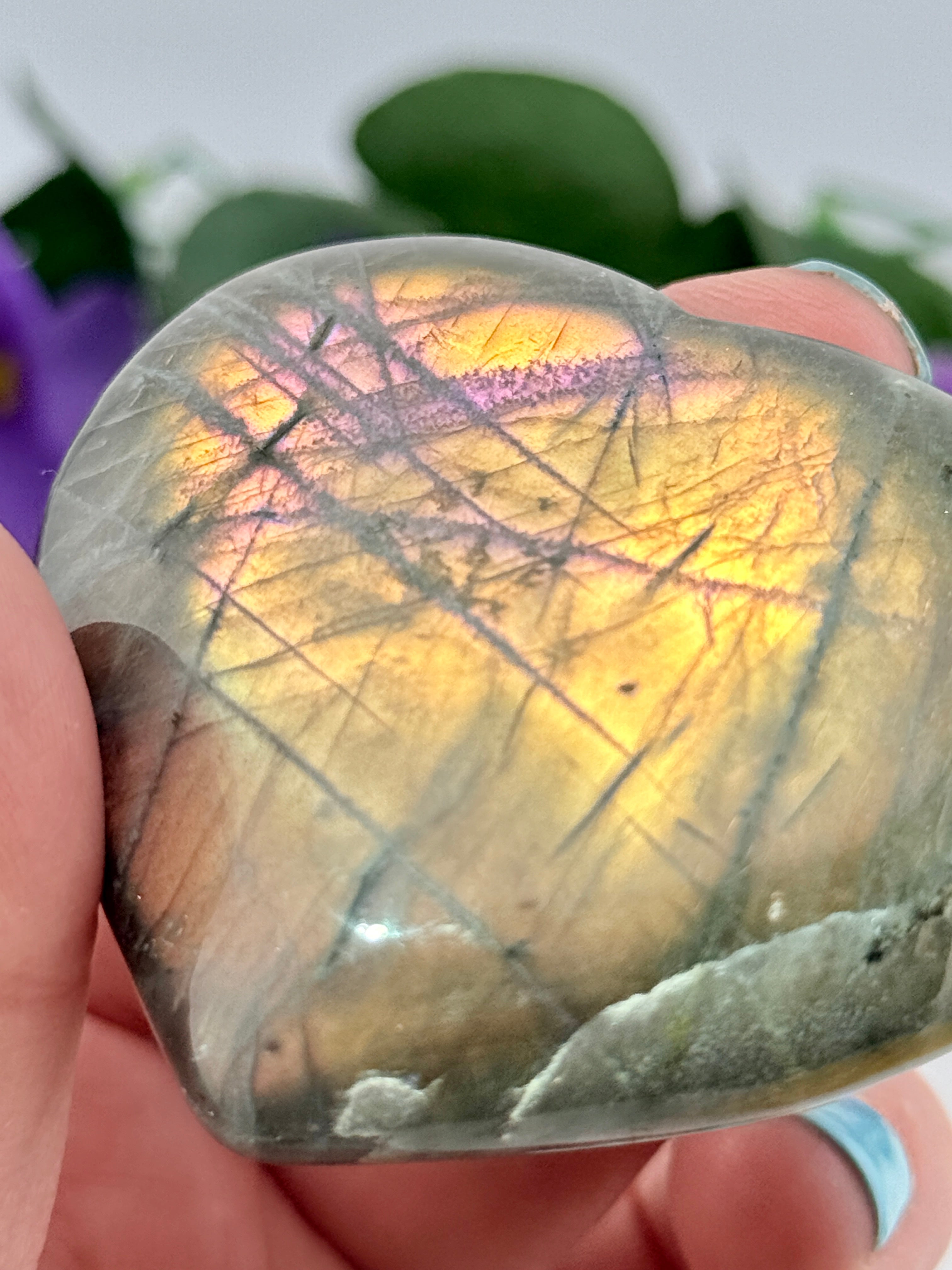RARE Madagascar Sunset Pink Fire Labradorite Crystal Heart Stone - HIGH FLASH - NEW
