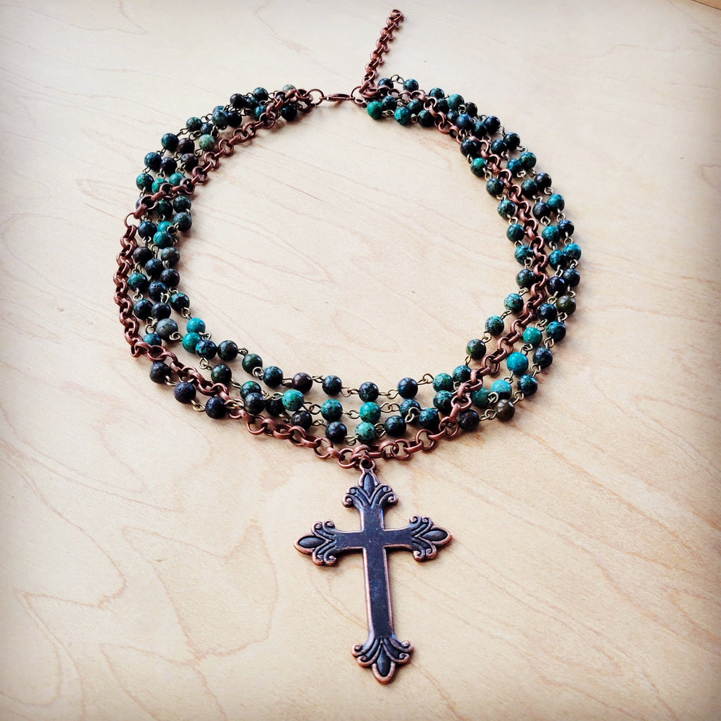 African Turquoise Beaded Collar Necklace w/ Cross Pendant 261c