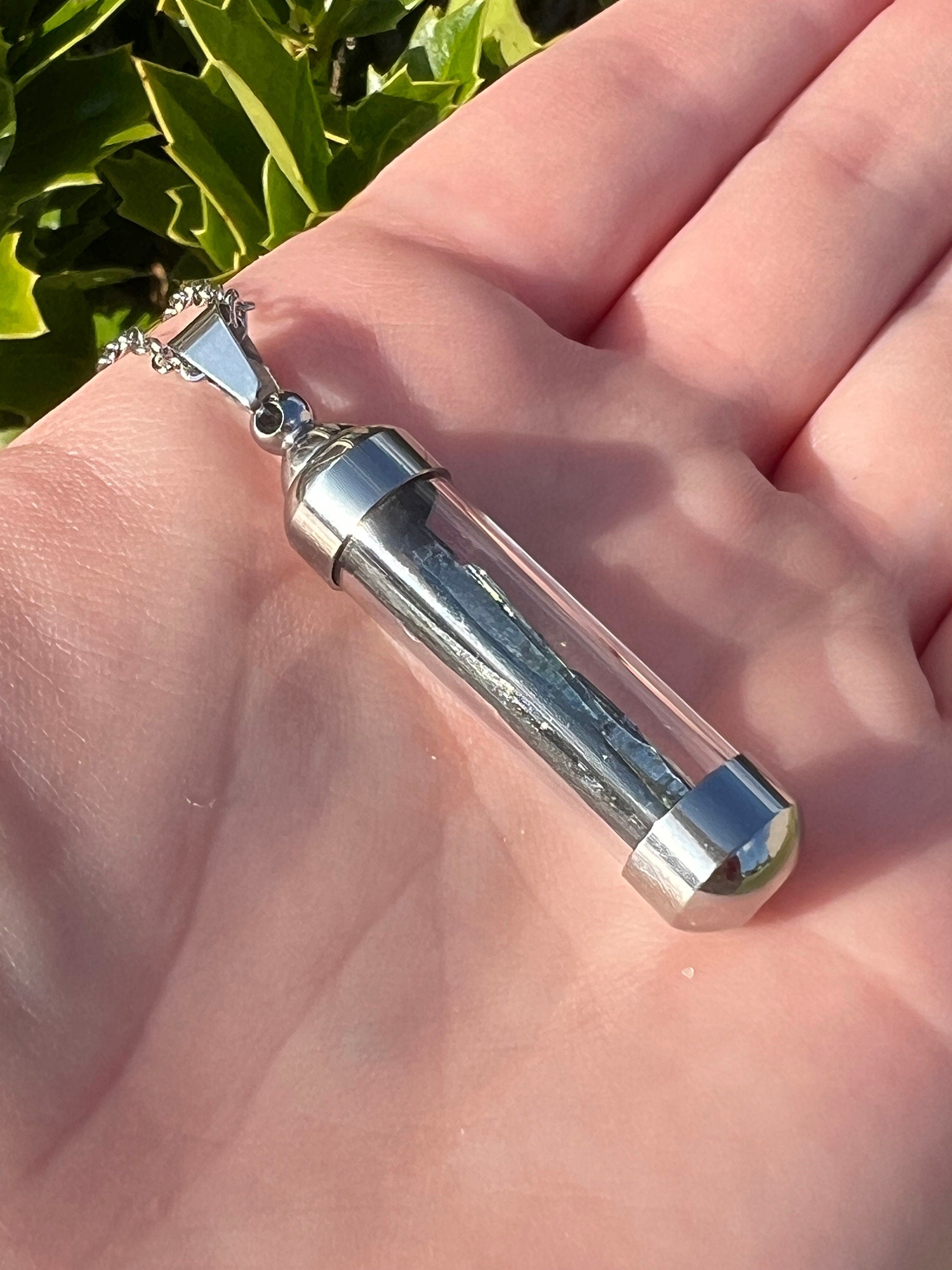 RARE Vivianite Pendant | Gemmy Blue Green Blade Vial Tube Glass Locket Necklace Jewelry | Brazilian Vivianite | Inner Peace Mystic Awakening