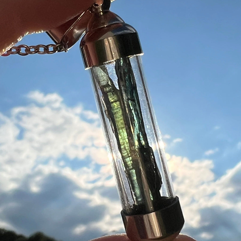 RARE Vivianite Pendant | Gemmy Blue Green Blade Vial Tube Glass Locket Necklace Jewelry | Brazilian Vivianite | Inner Peace Mystic Awakening