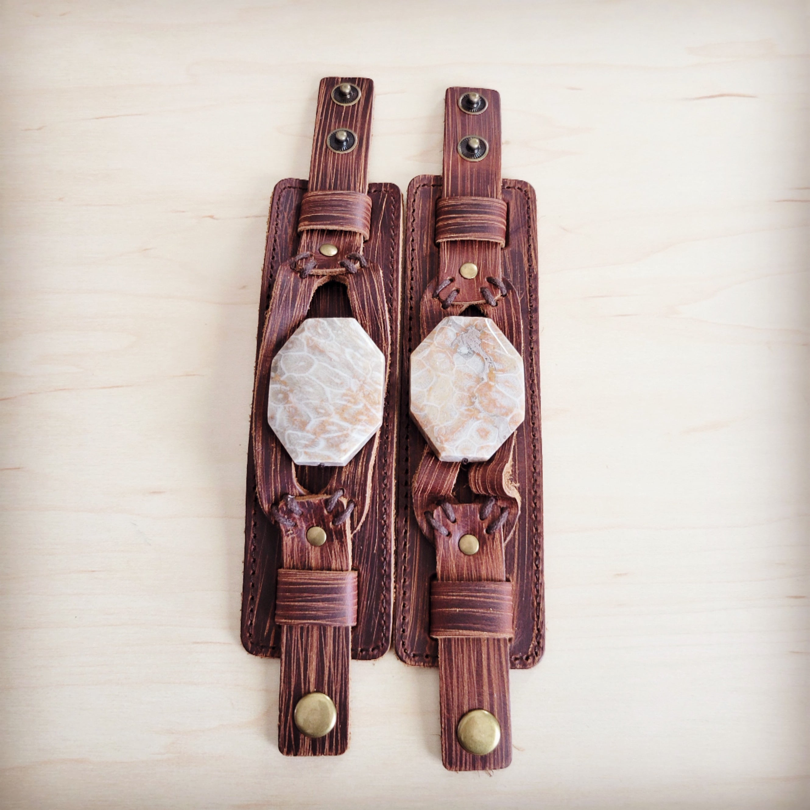 Fossil Corral Stone Wide Leather Cuff Bracelet 001aa