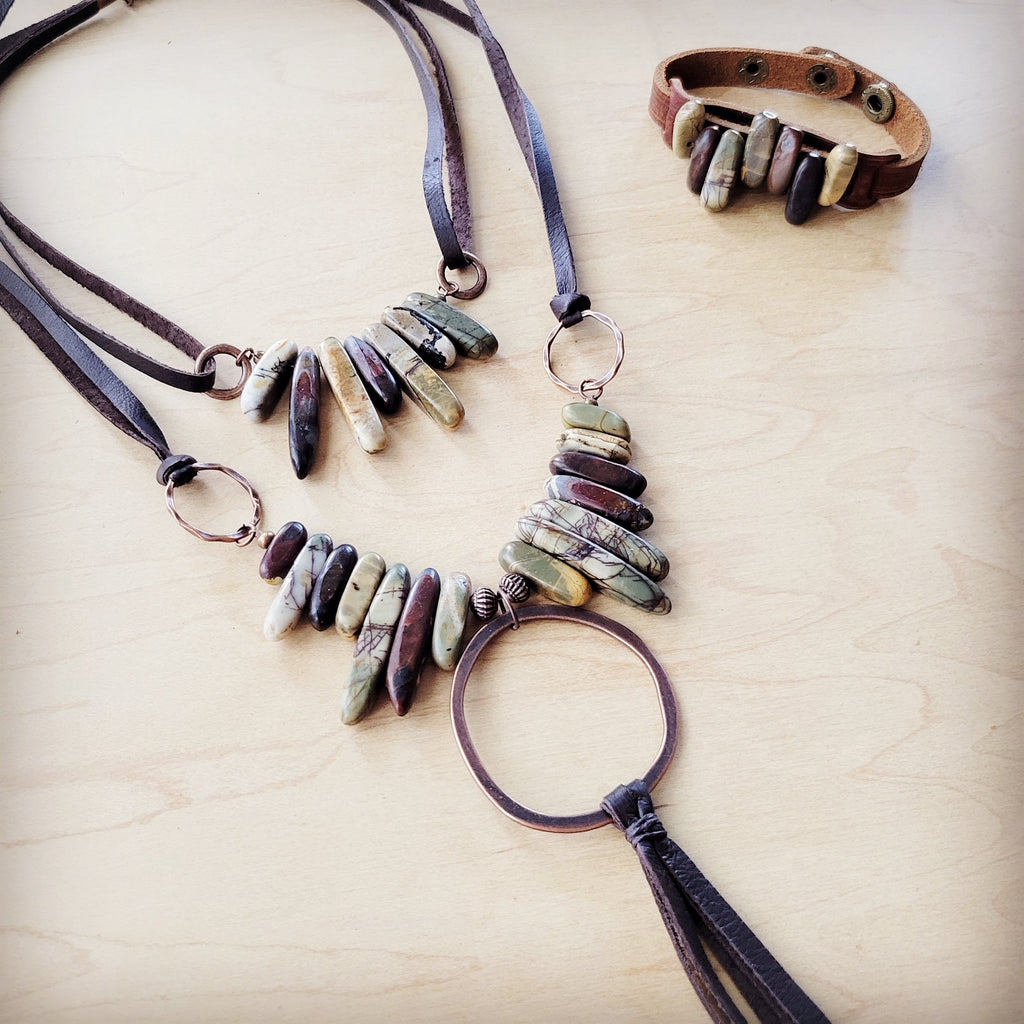 Genuine Leather Narrow Cuff with Picasso Jasper Stones 005h