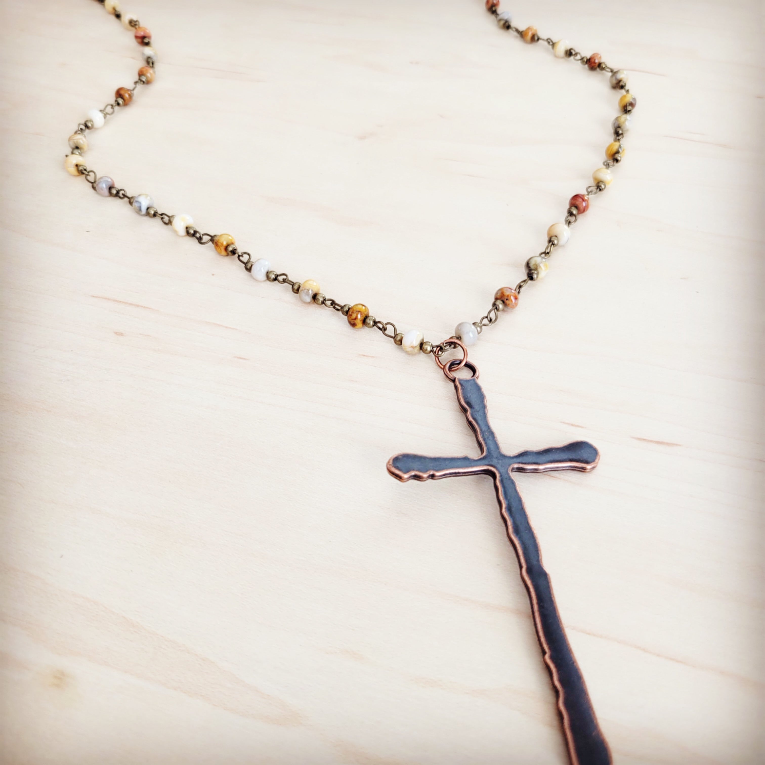 Genuine Natural Agate Long Beaded Necklace with Antique Copper Cross 262z