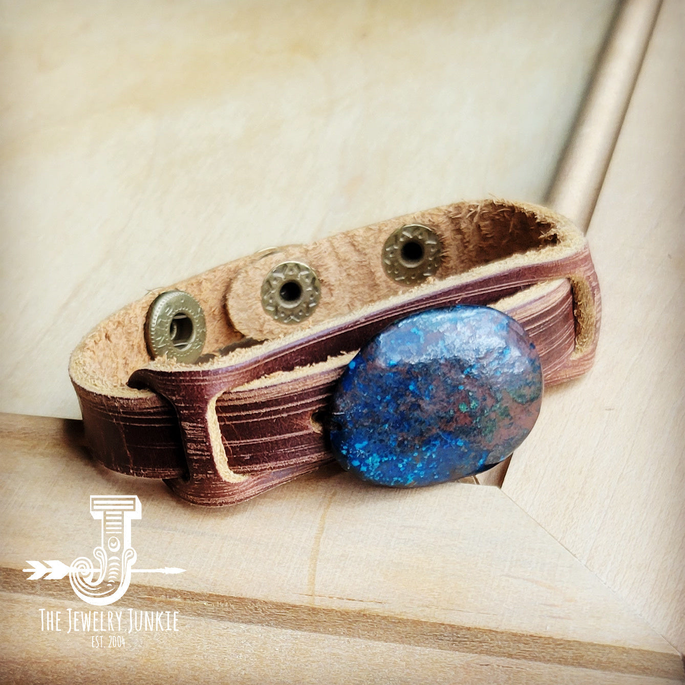 **Ocean Agate Slab on Narrow Leather Cuff 005K