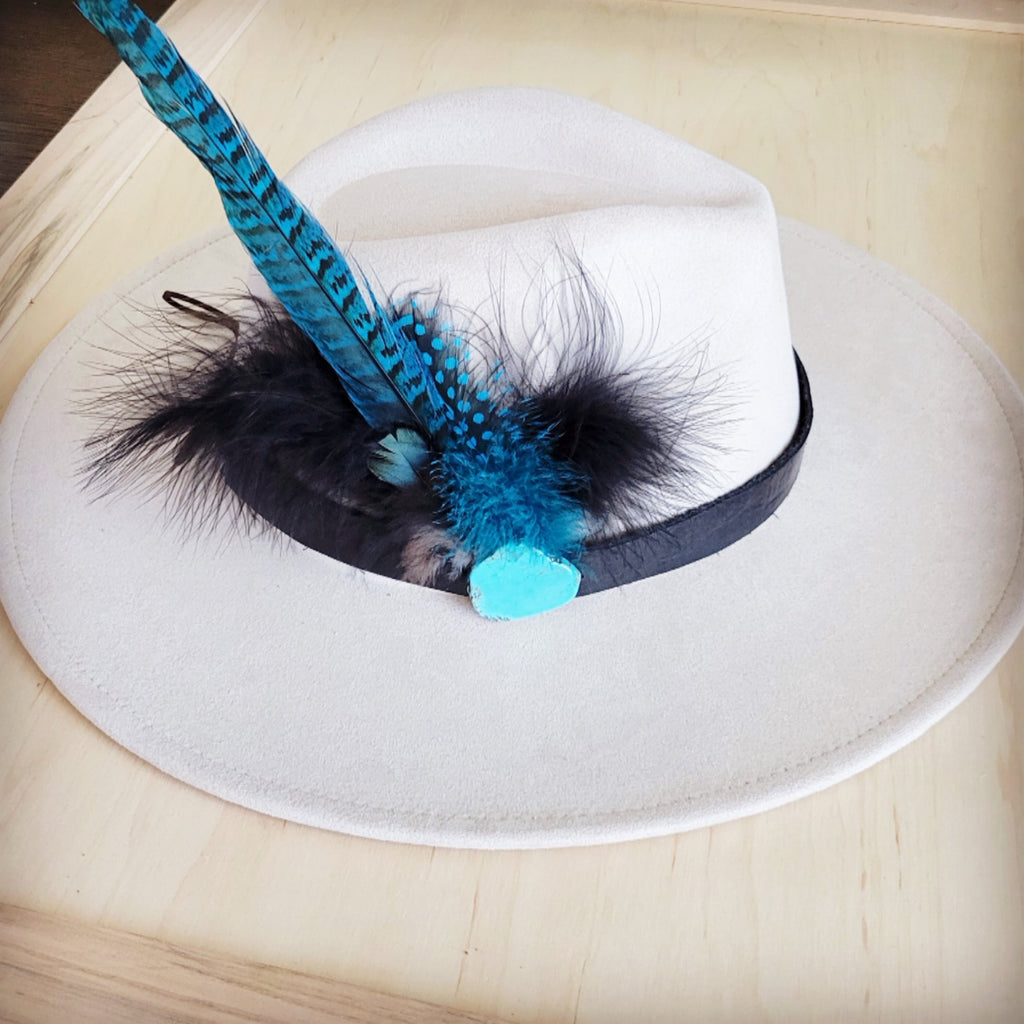 Genuine Leather Black Hat Band w/ Turquoise Feathers 953g