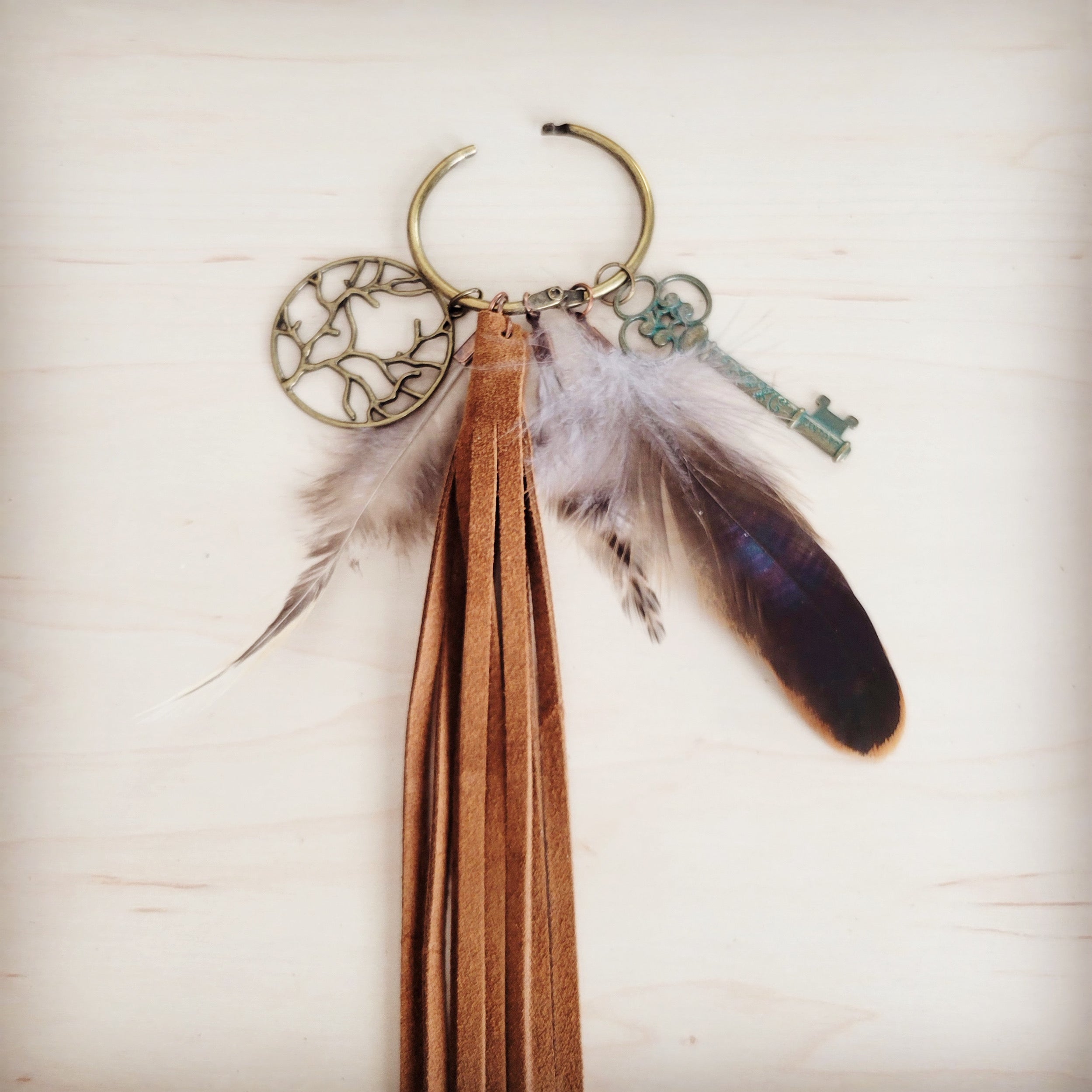 **Boho Western Boot Bling Charm with Leather Fringe Cognac 500e