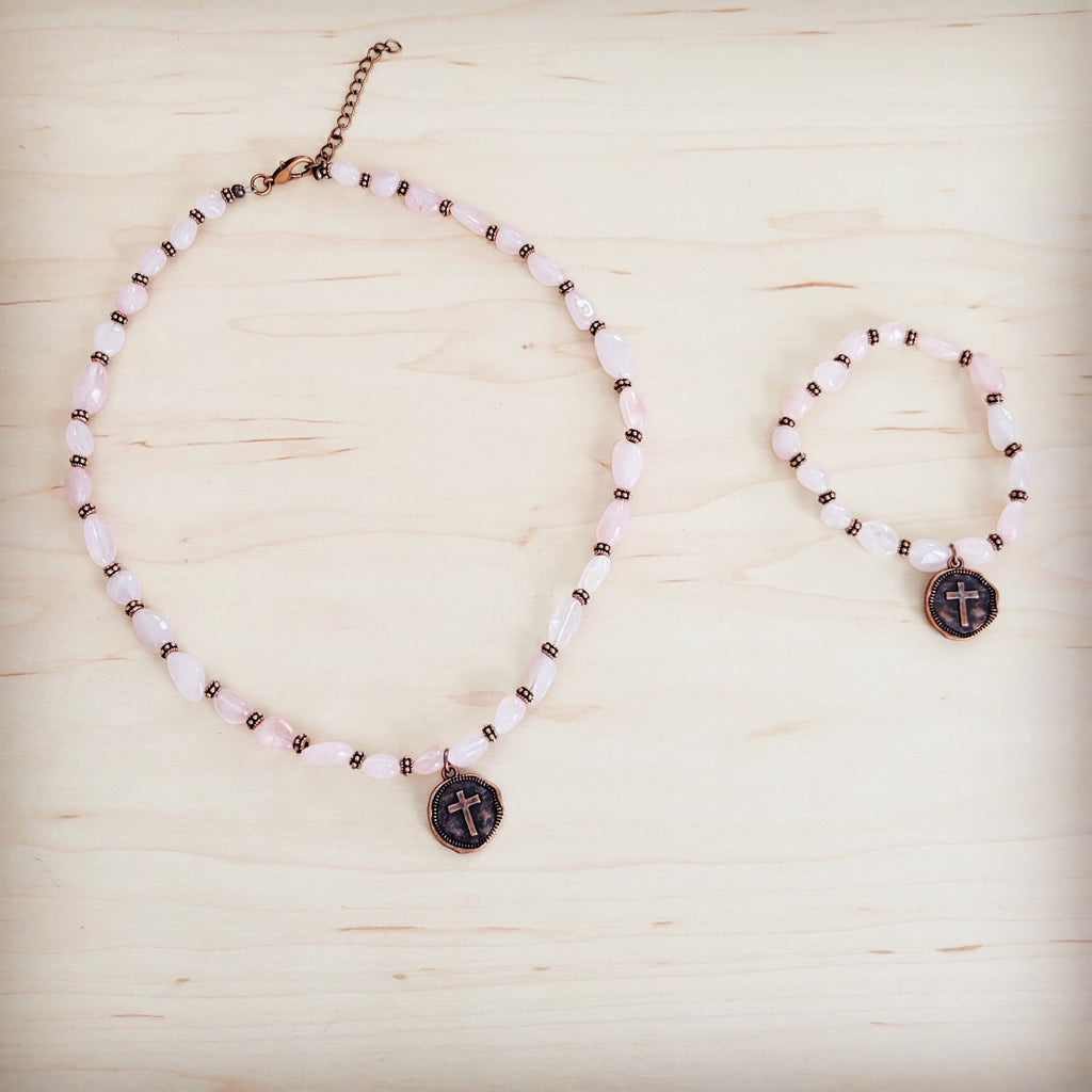 **Rose Quartz Collar Necklace w/ Copper Cross Round Charm 263j