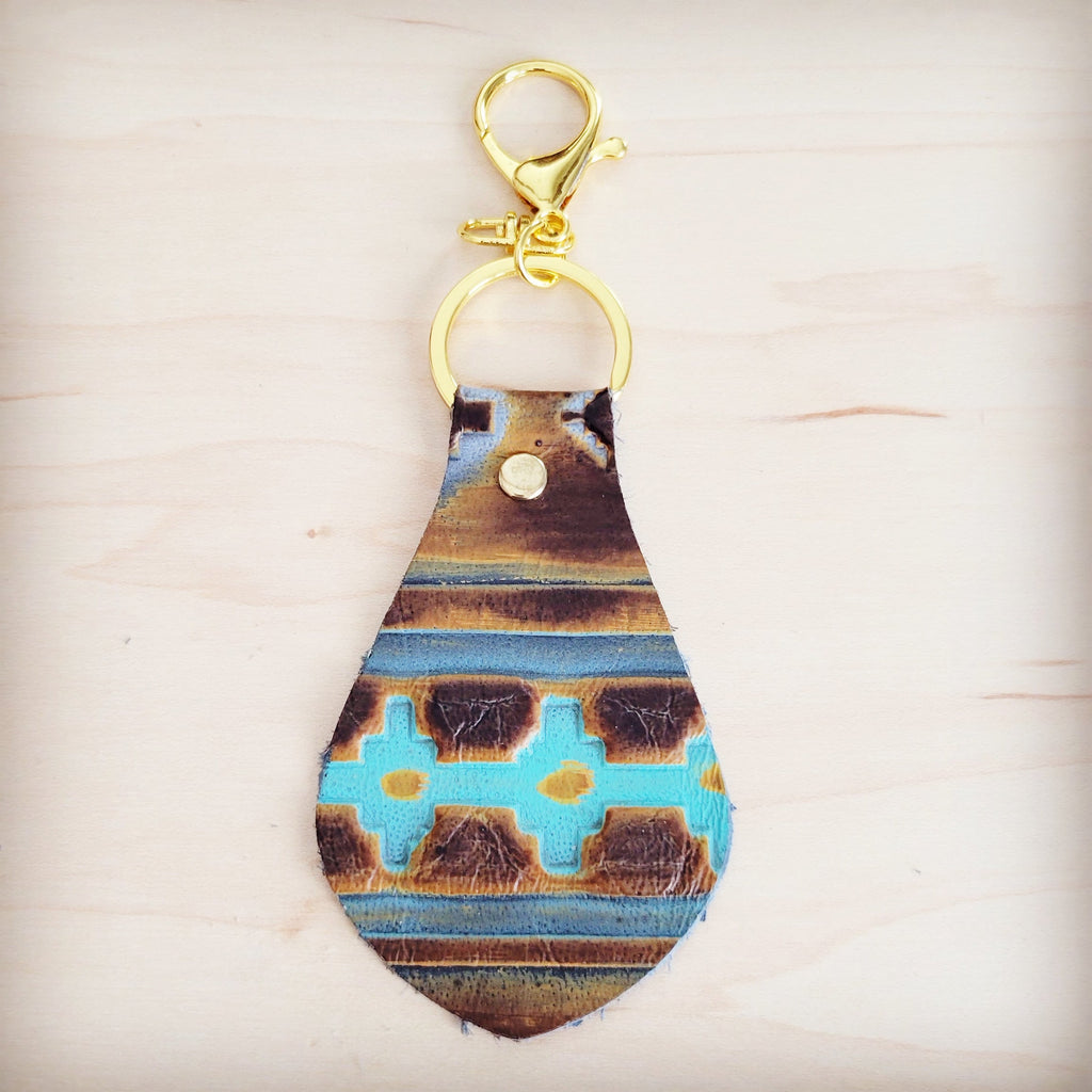 Embossed Leather Key Chain - Blue Navajo 700a