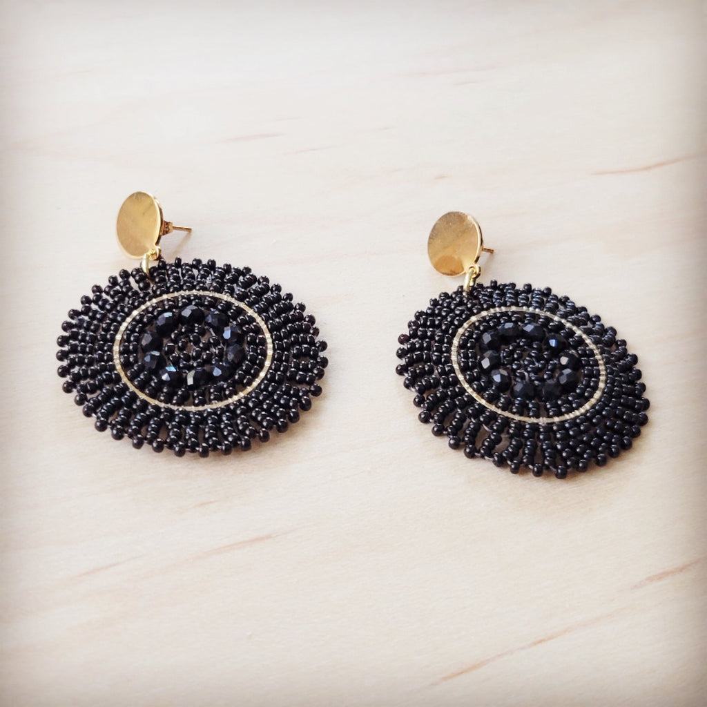 **Gold & Ebony Beaded Medallion Dangle Earrings 219ci