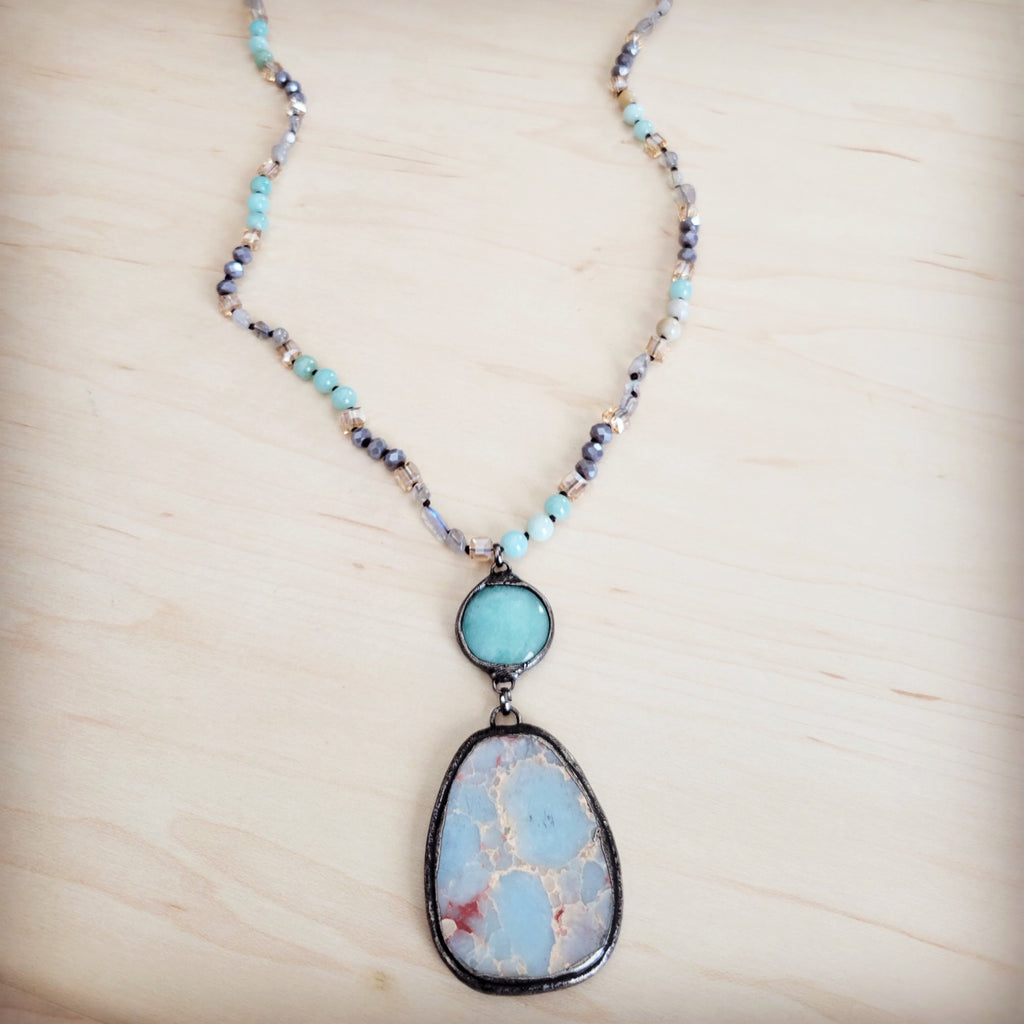 Amazonite & Crystal Long Beaded Necklace w/ Large Jasper Pendant 262q