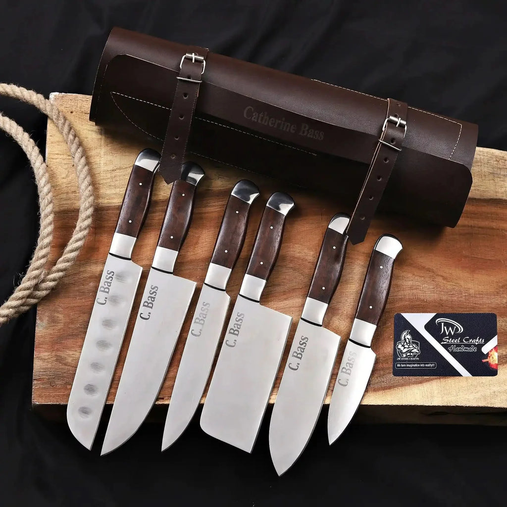 Handmade 6 Piece Chef Knife Set with Leather Roll – Full Tang Kitchen Knives Set with Cleaver, Chef, Santoku, Utility & Paring