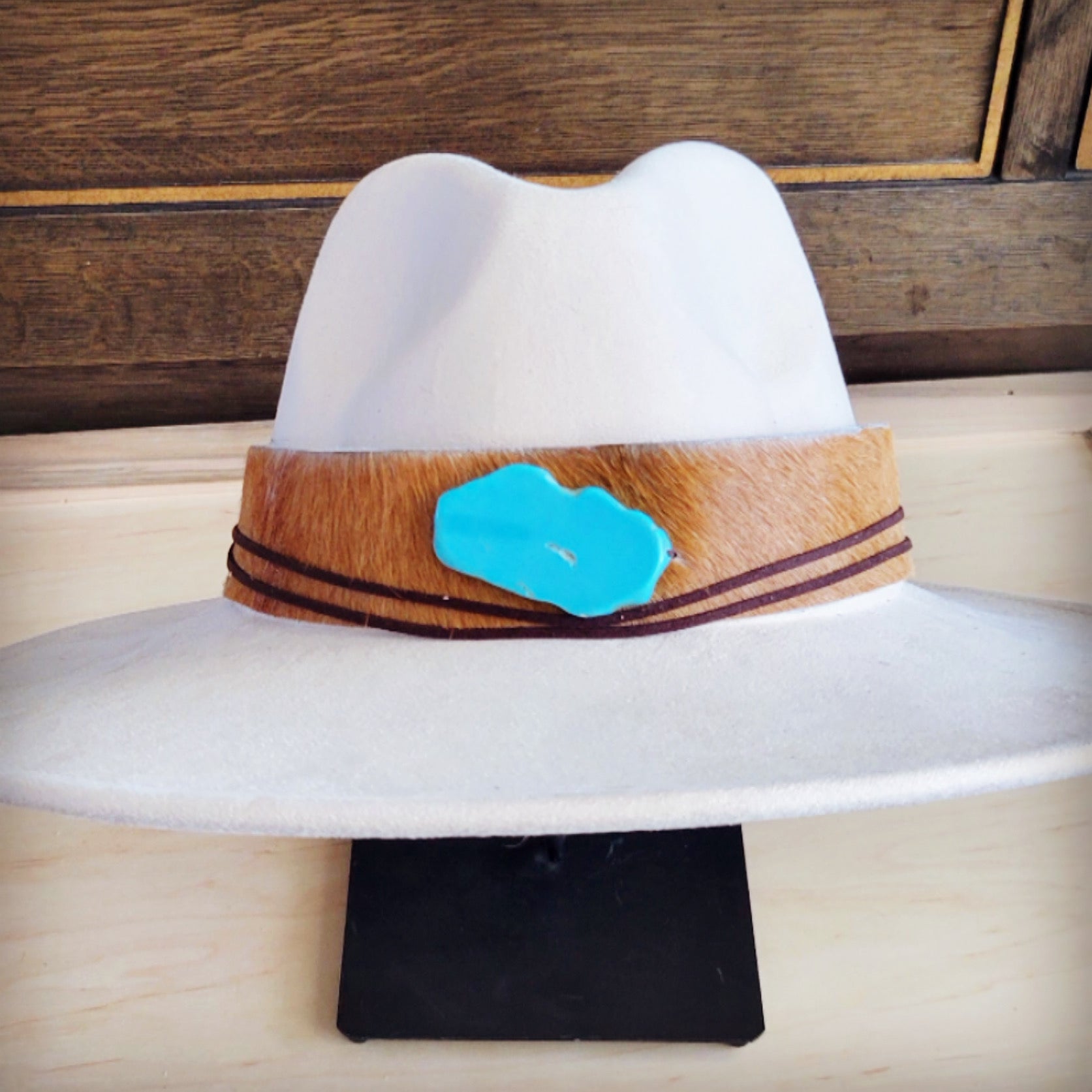 Wide Leather Hair Hide Tan Hat Band w/ Turq 954a