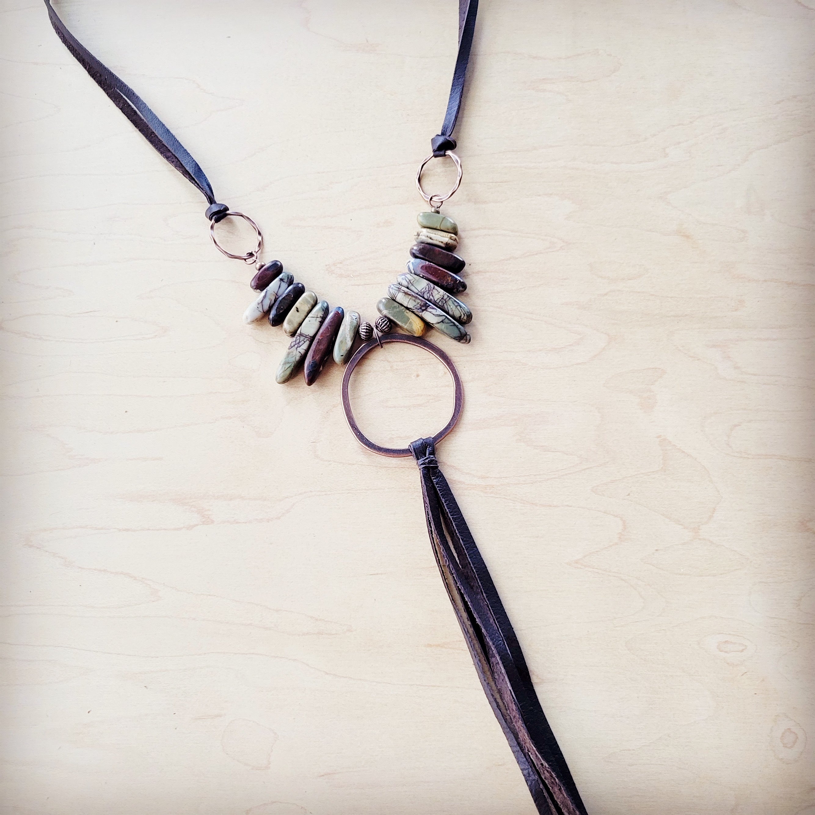 Picasso Jasper Necklace w/ Copper Hoop & Leather Tassel 261e