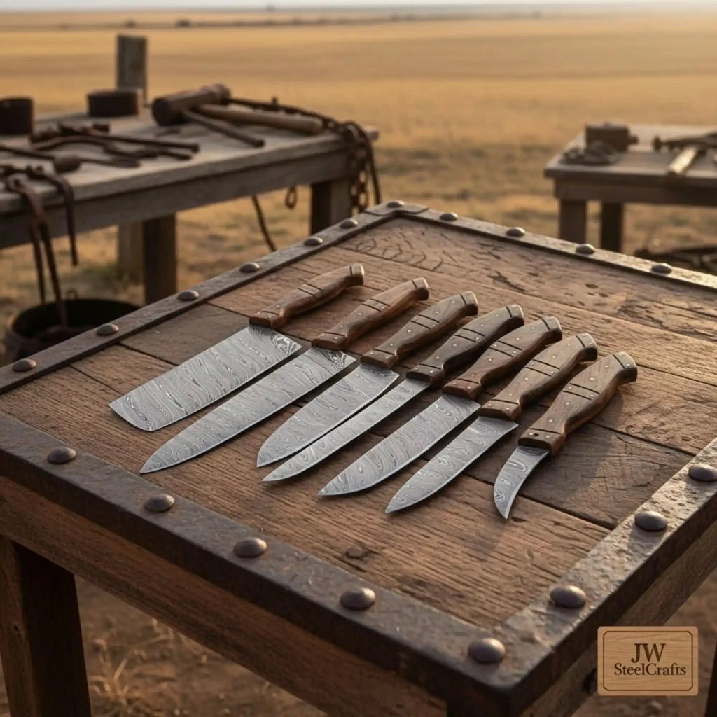 7-Piece Handmade Damascus Kitchen Knife Set - Premium Rose Wood Handle Professional Chef Cooking Set