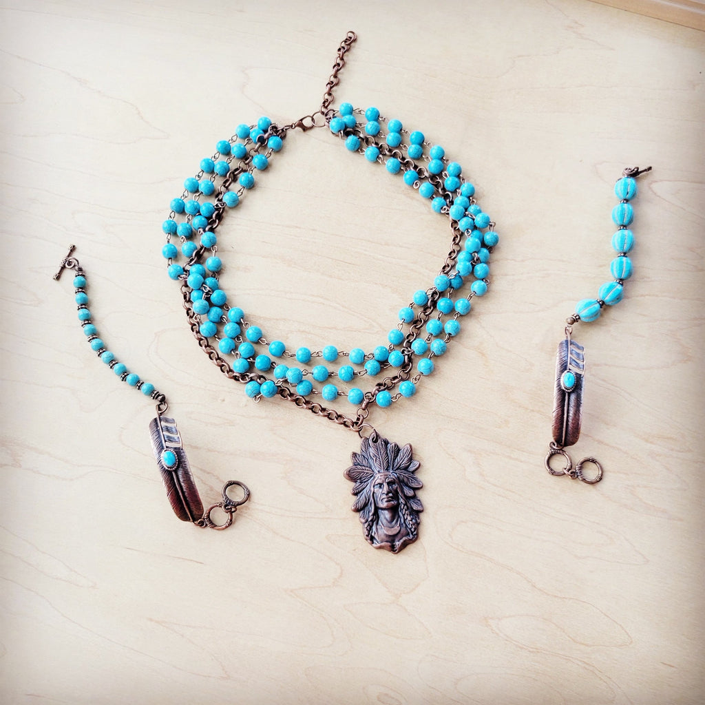 **Blue Melon Turquoise Beaded Bracelet on Copper Feather 810u