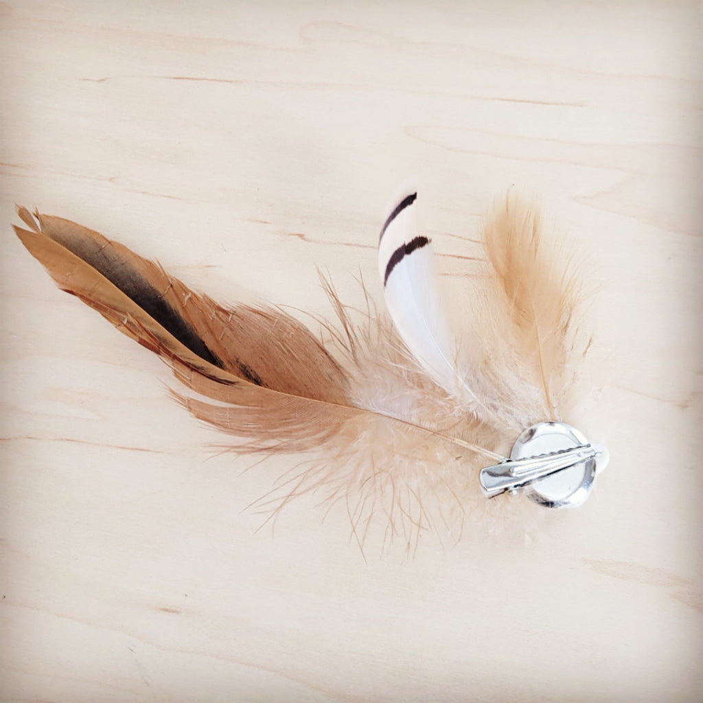Clip-On Feather Hat Band-White Turq w/ Tan Feathers 954q