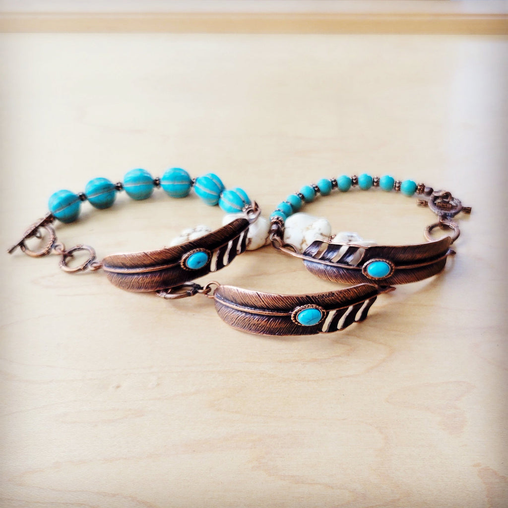 **Blue Melon Turquoise Beaded Bracelet on Copper Feather 810u