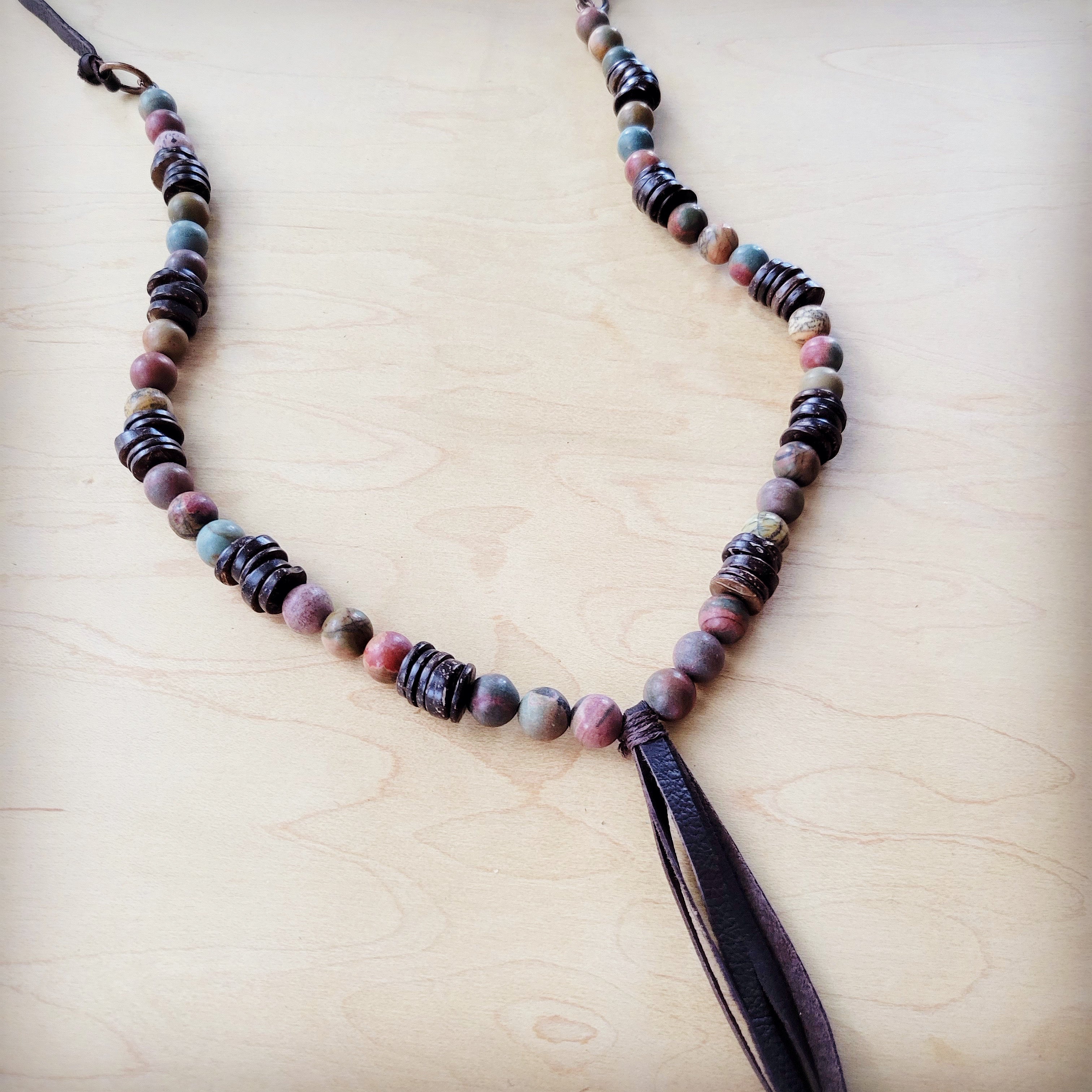 **Picasso Jasper Necklace with Wood Beads and Leather Tassel 261i