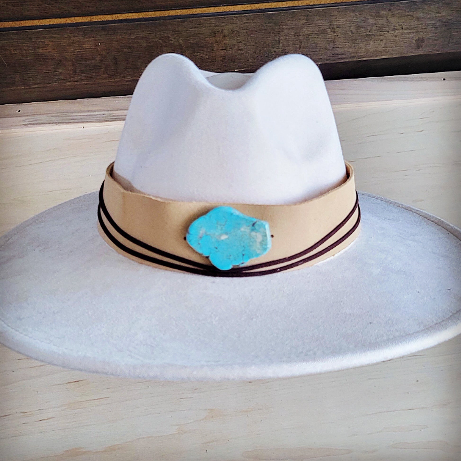 Wide Genuine Leather Bone Suede Hat Band w/ Turq 953v