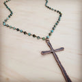 Genuine African Turquoise Long Beaded Necklace with Antique Copper Cross 262y