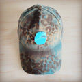 Hand-Painted Leopard Suede Baseball Cap Tan & Turq 986p