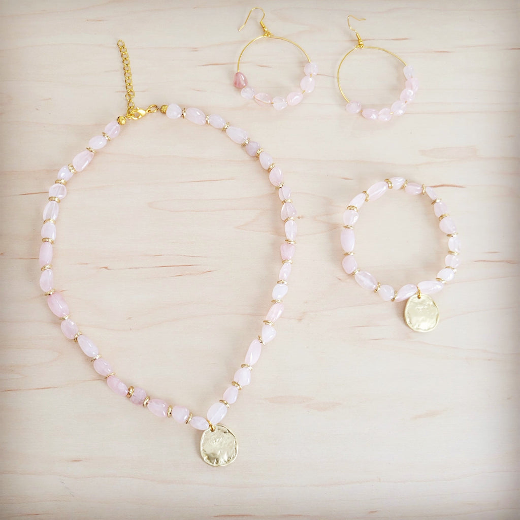 **Beaded Hoop Earrings- Genuine Natural Rose Quartz Stones 200bk