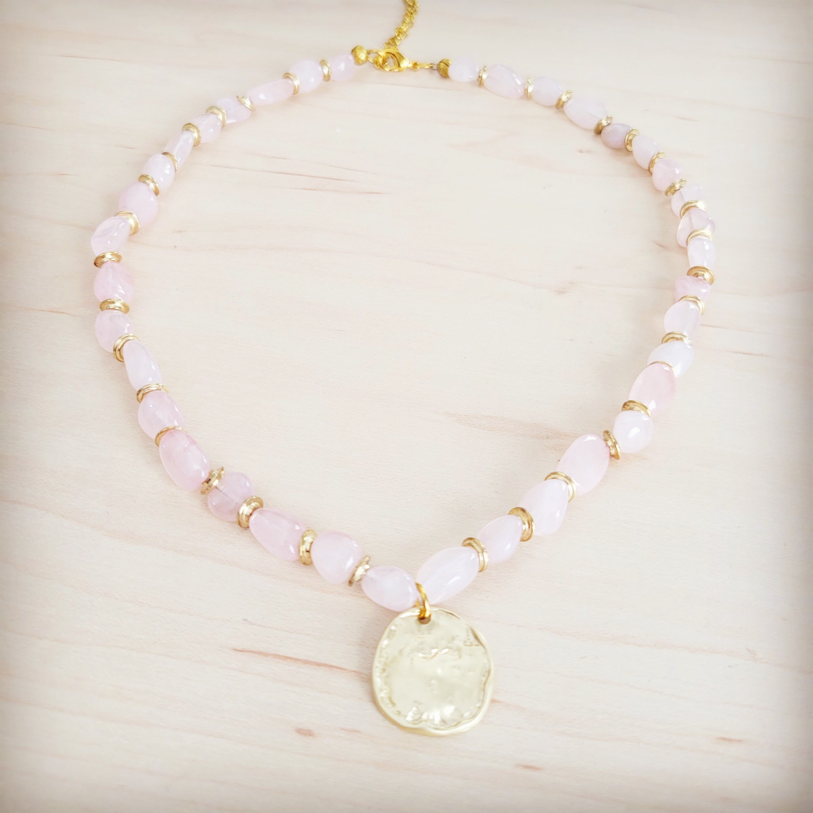 **Rose Quartz Collar Necklace w/ Gold Coin Charm 263h