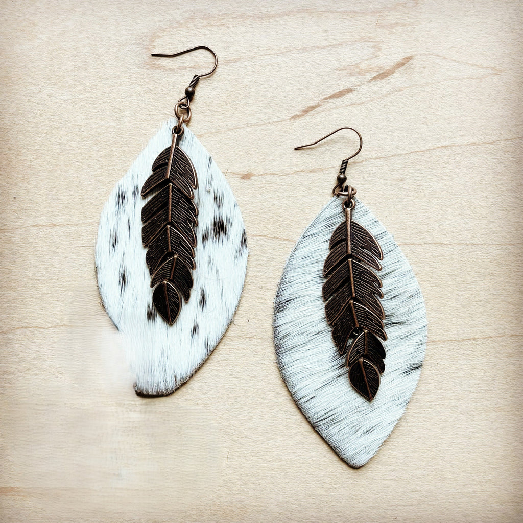 **Leather Oval Earrings Spotted Hair Hide w/ Copper Feather 219m