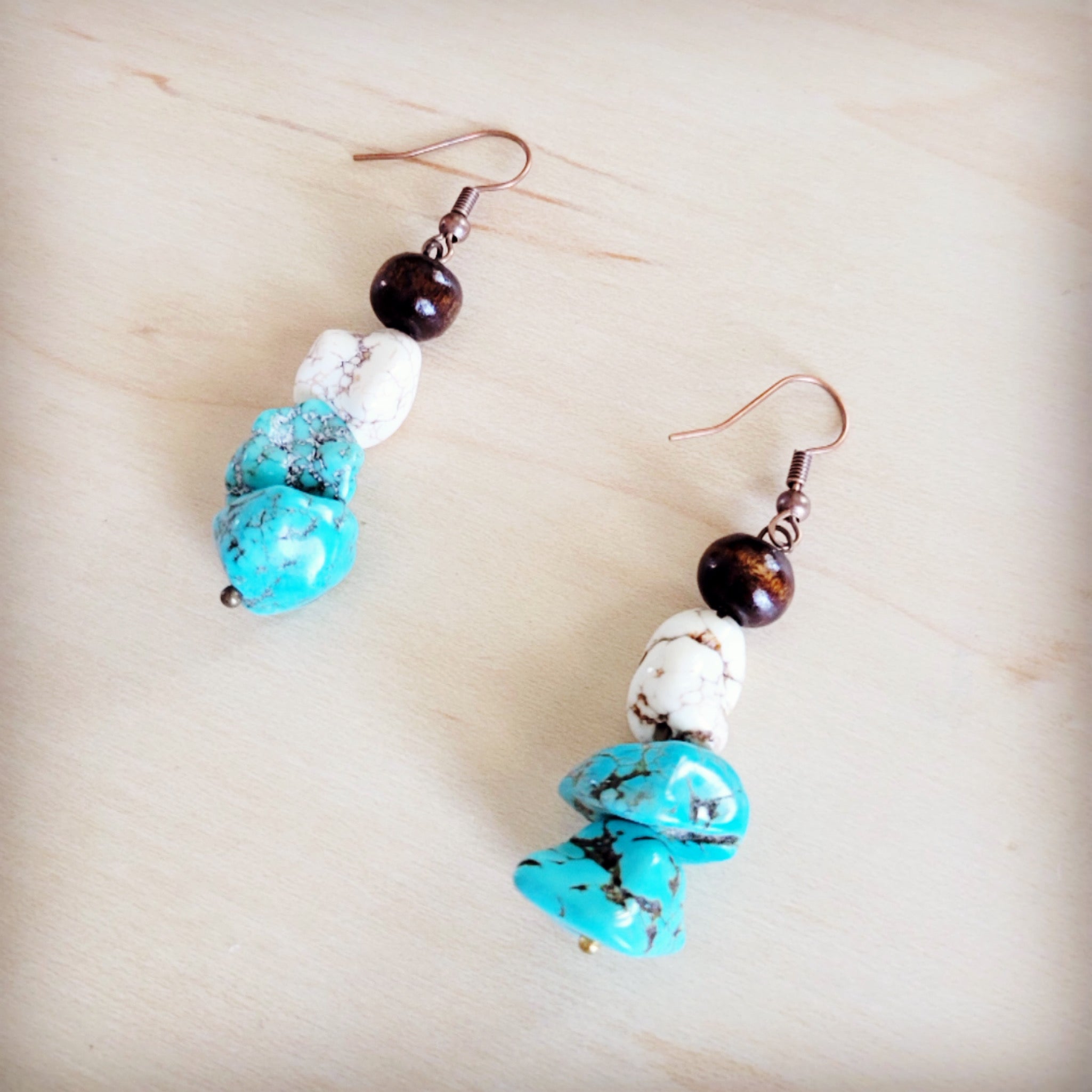 **White and Blue Turquoise w/ Wood Drop Earrings 200be