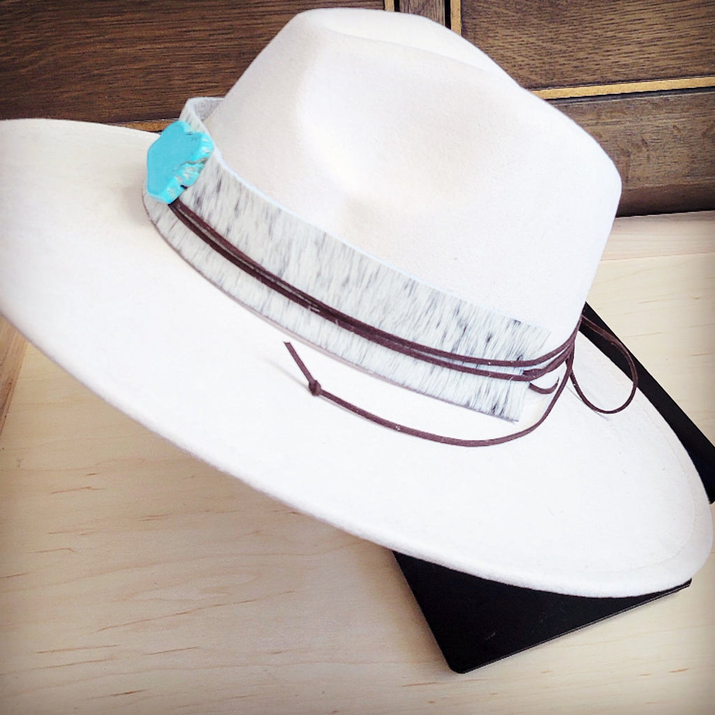 Wide Hair Hide White Spotted Hat Band w/ Turq 953o