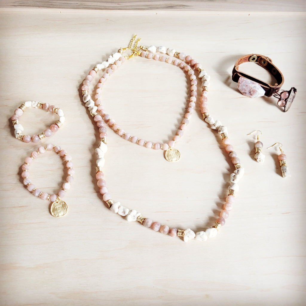 Frosted Sunstone Beaded Collar Necklace w/ Matte Gold Pendant 262n