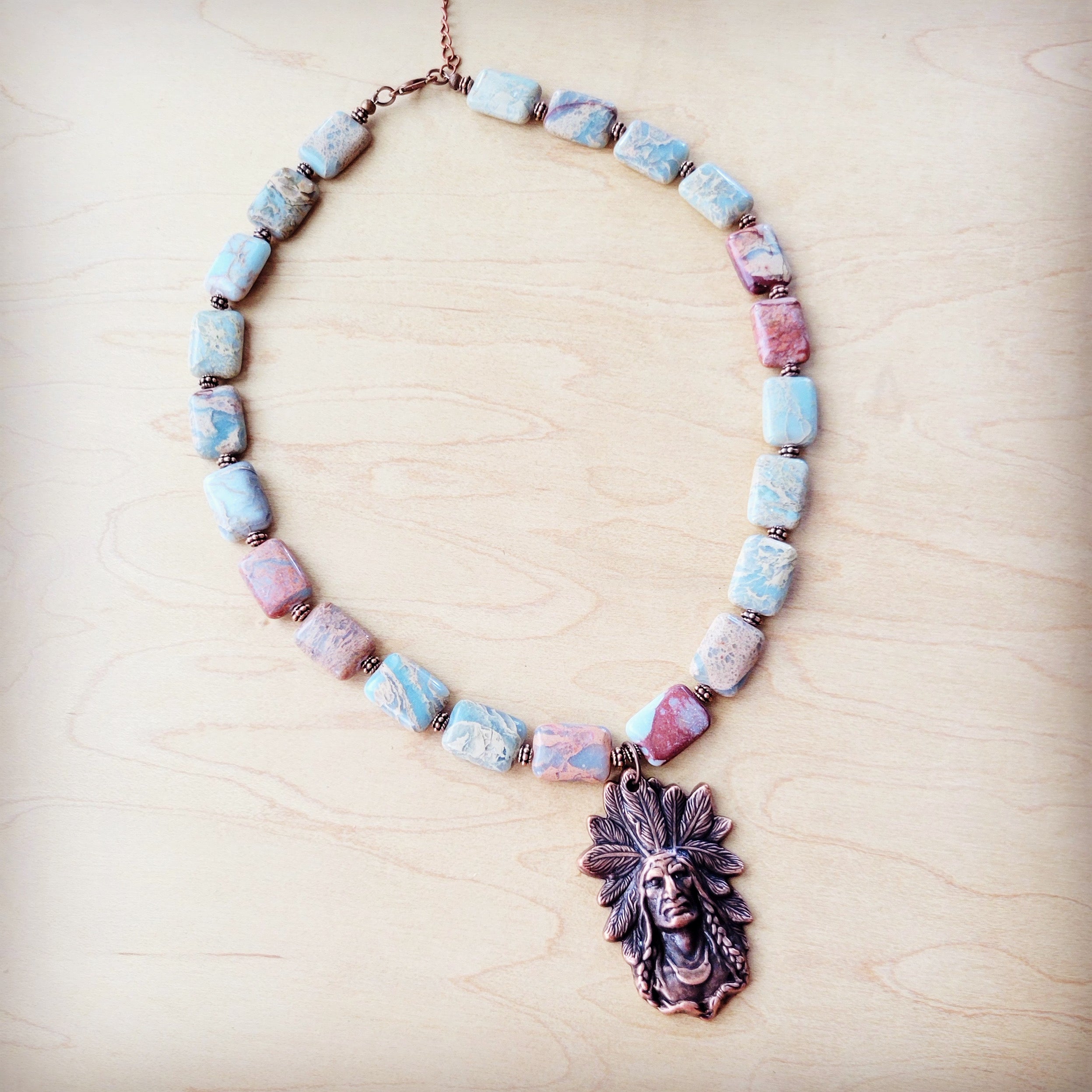 Genuine Aqua Terra Collar Necklace w/ Copper Indian Pendant 261n